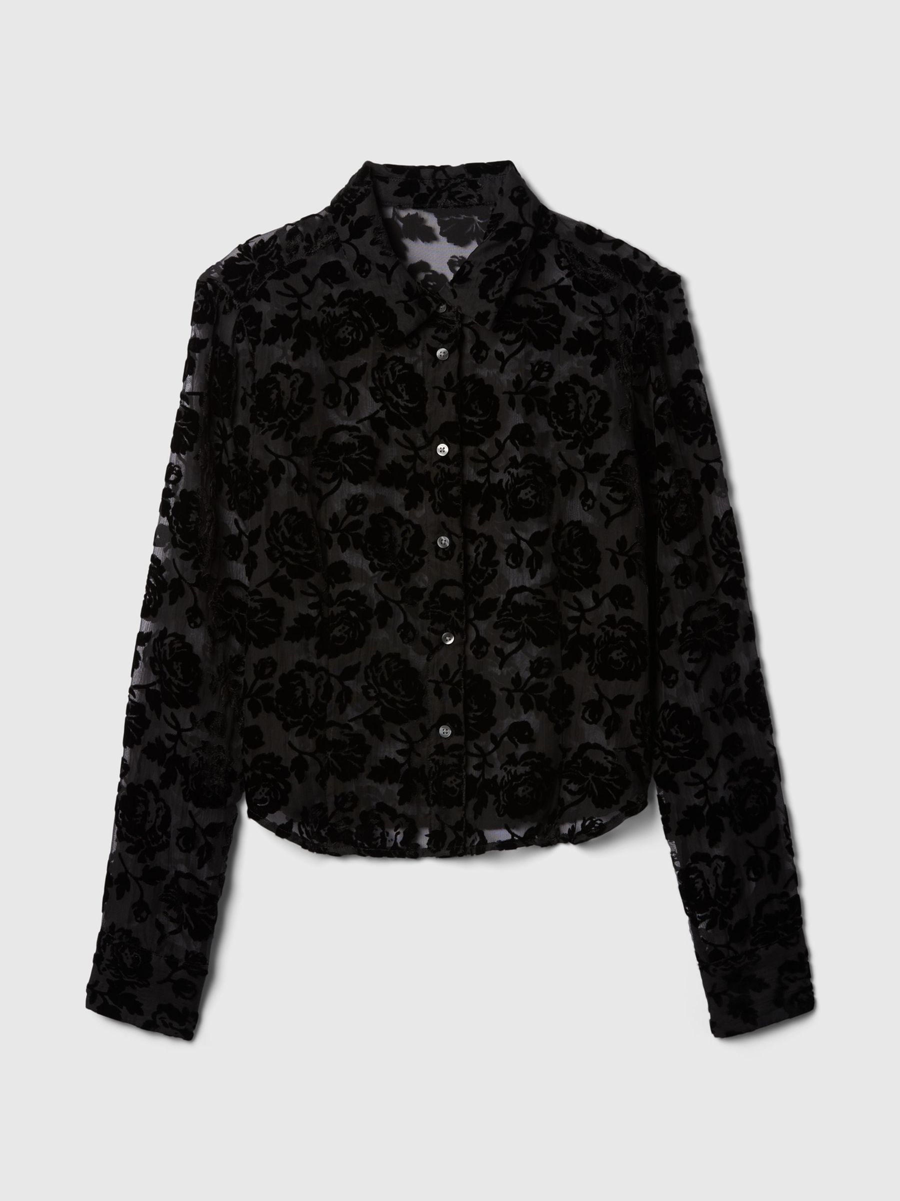 Black Floral Long Sleeved Cropped Velvet Shirt - Image 4 of 5