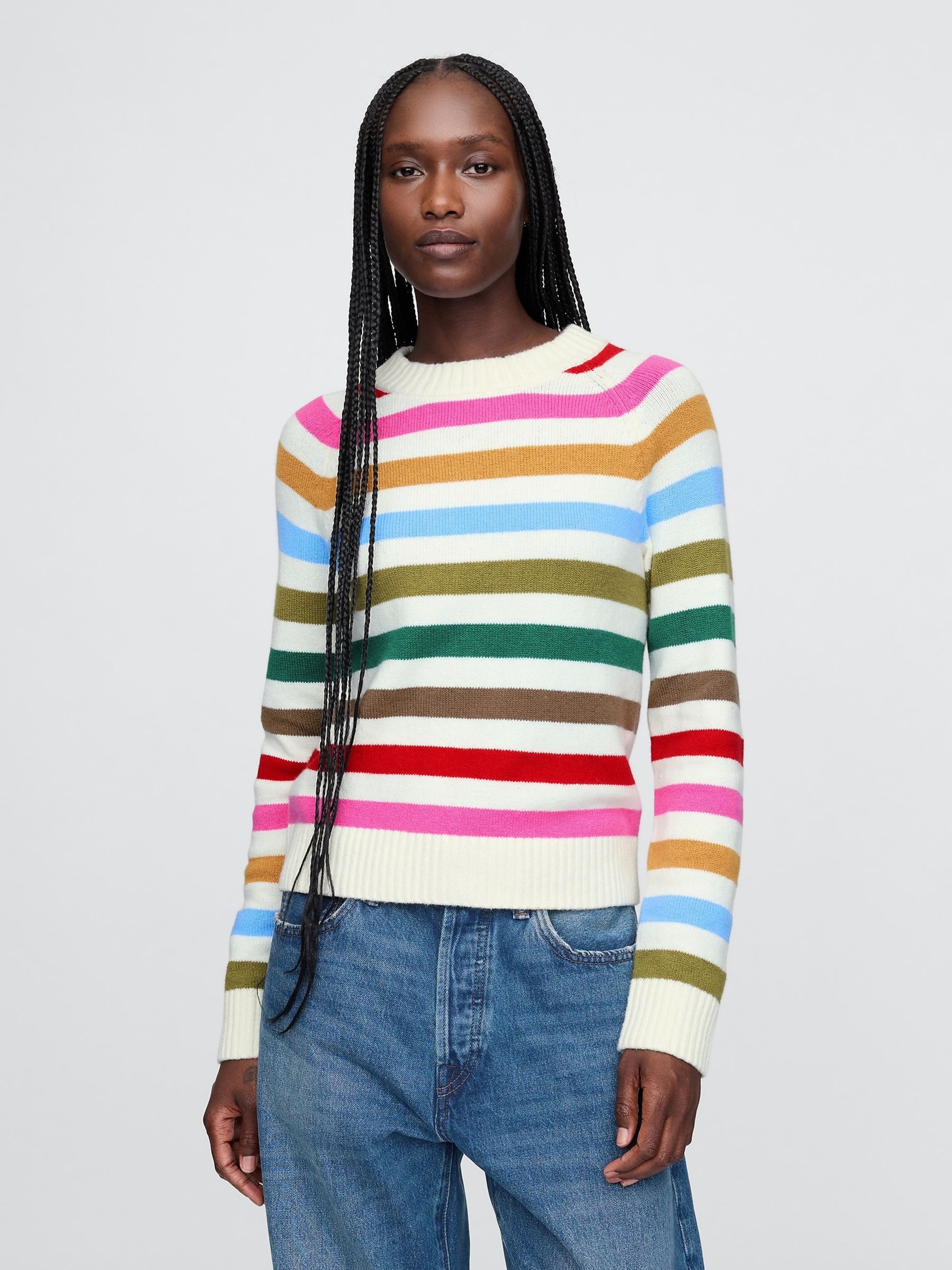 Cream/Multi Stripe CashSoft Crew Neck Jumper - Image 1 of 5
