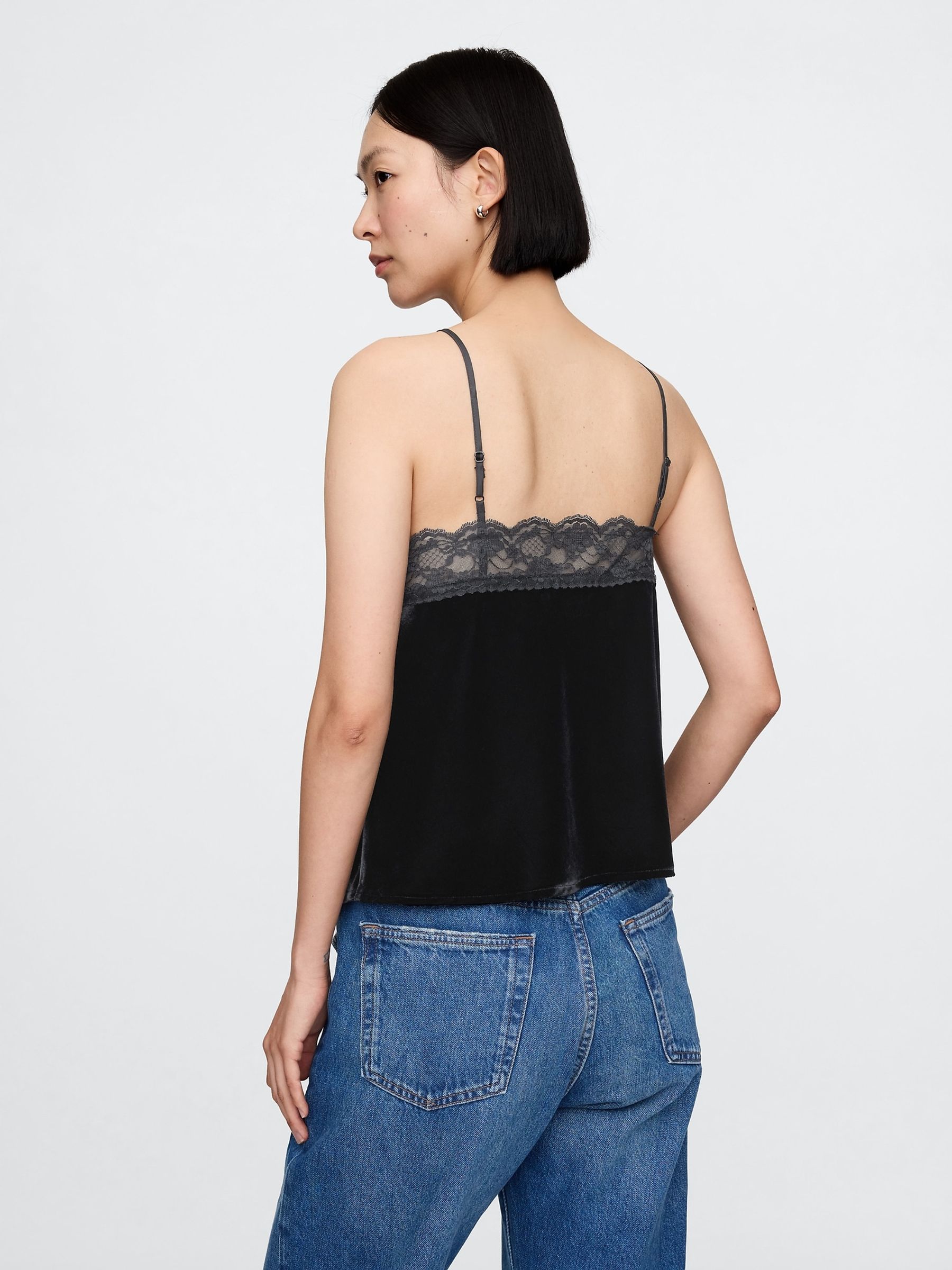 Black V-Neck Velvet Lace-Trim Cami Top - Image 2 of 8