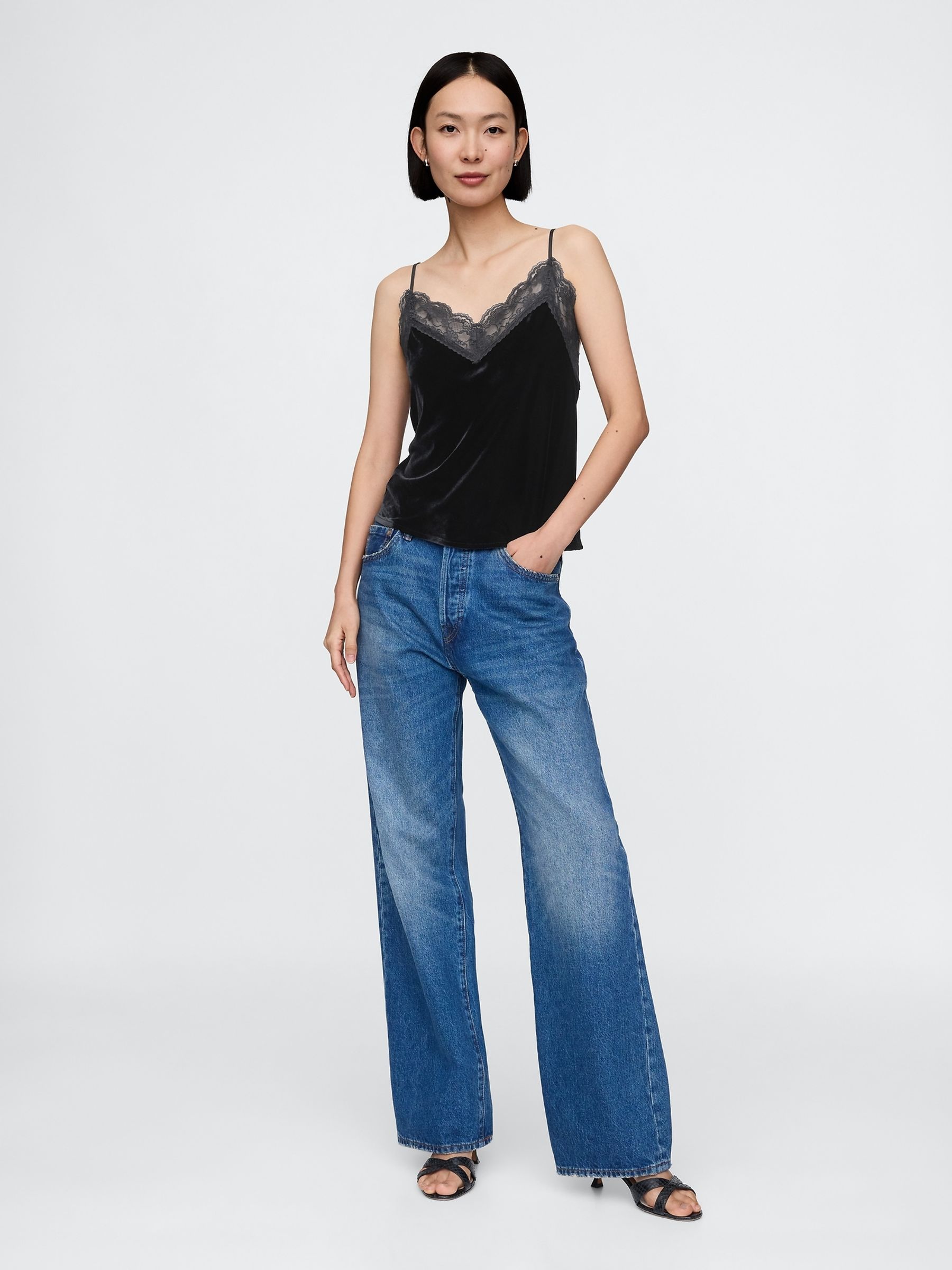 Black V-Neck Velvet Lace-Trim Cami Top - Image 3 of 8