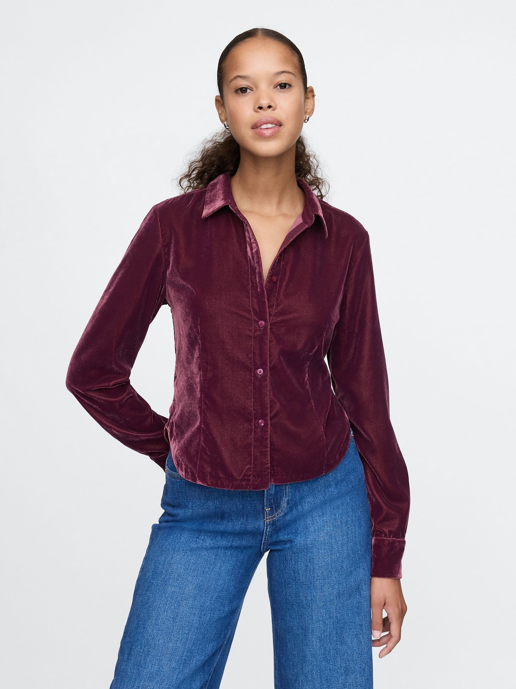 Red Long Sleeved Cropped Velvet Shirt - Image 1 of 4
