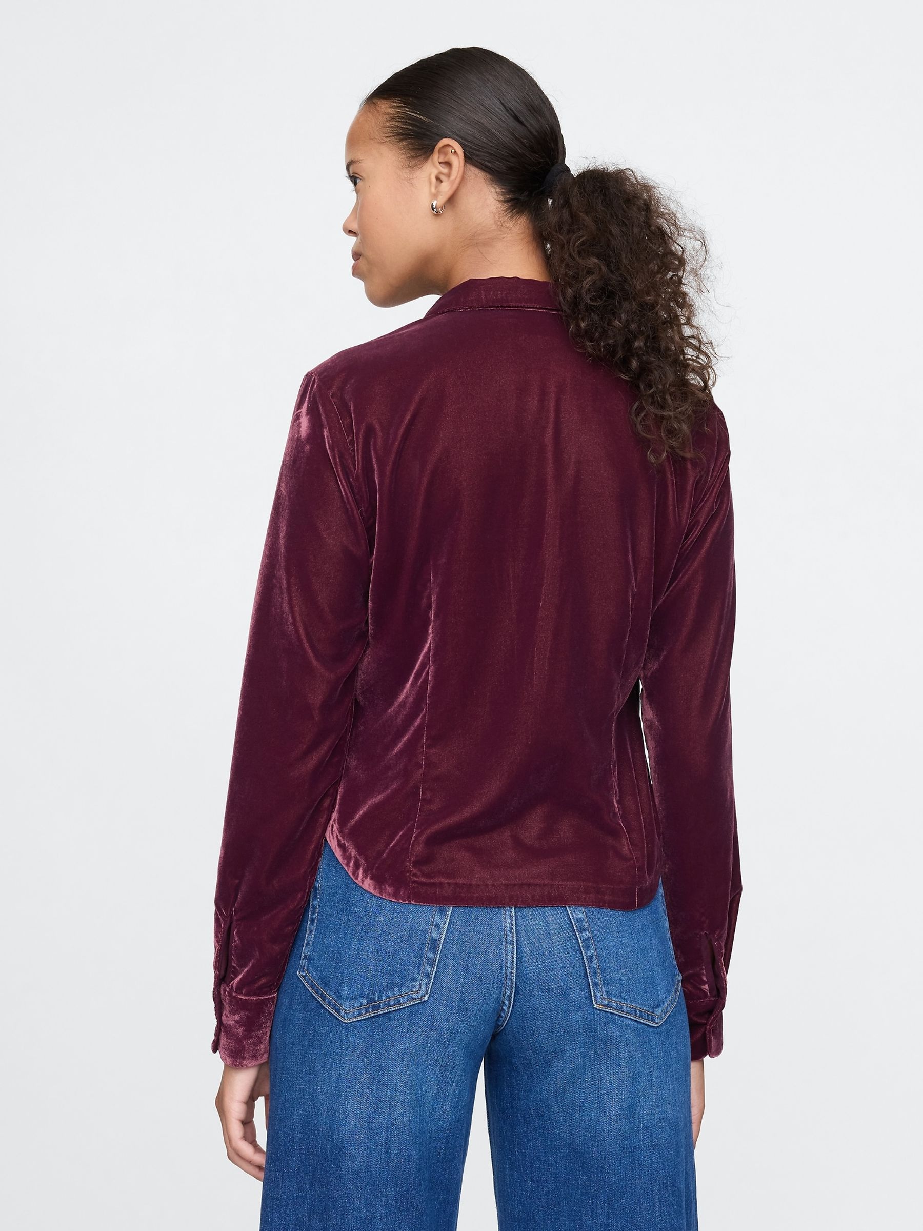 Red Long Sleeved Cropped Velvet Shirt - Image 2 of 4