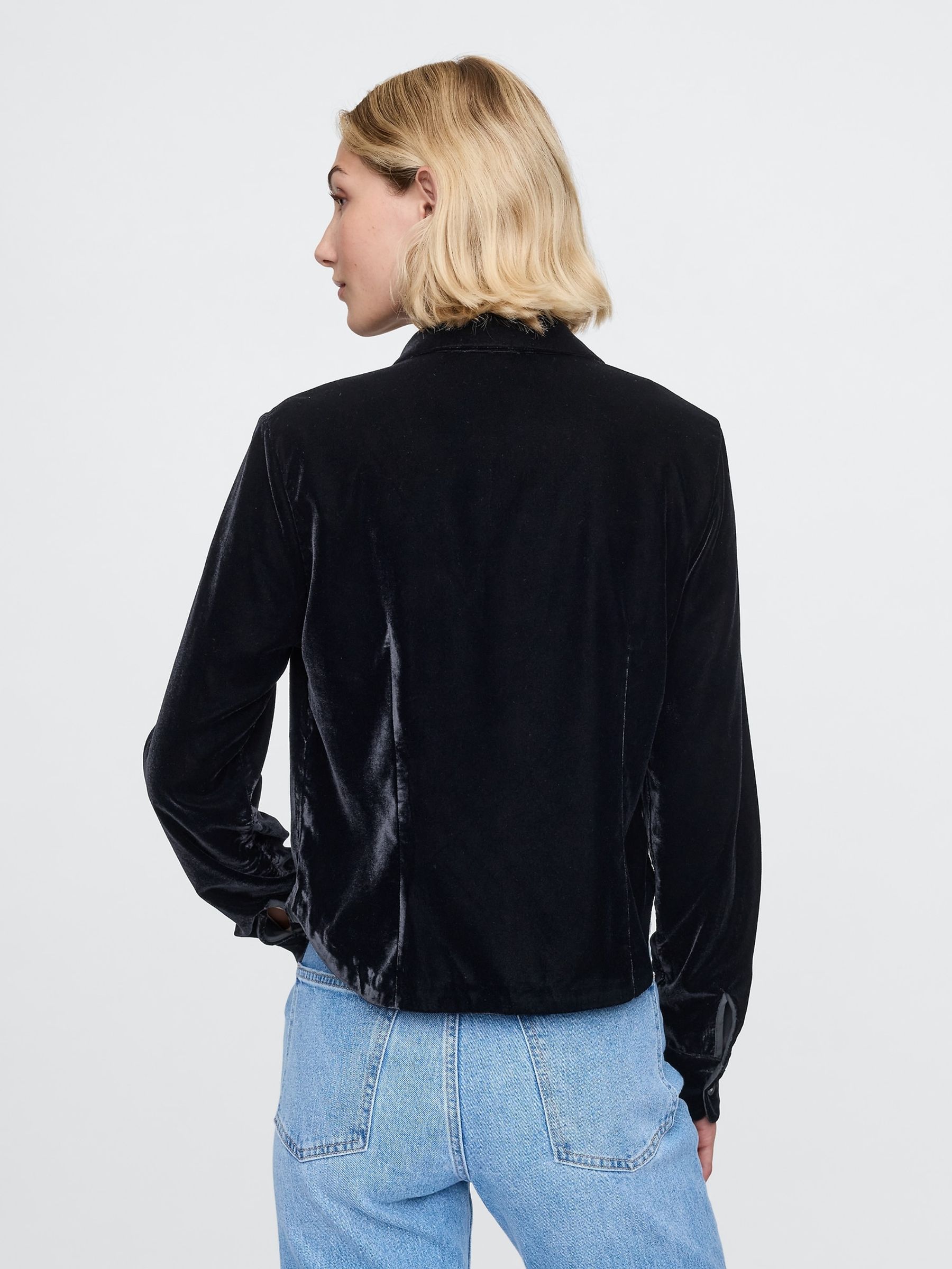 Black Long Sleeved Cropped Velvet Shirt - Image 2 of 4