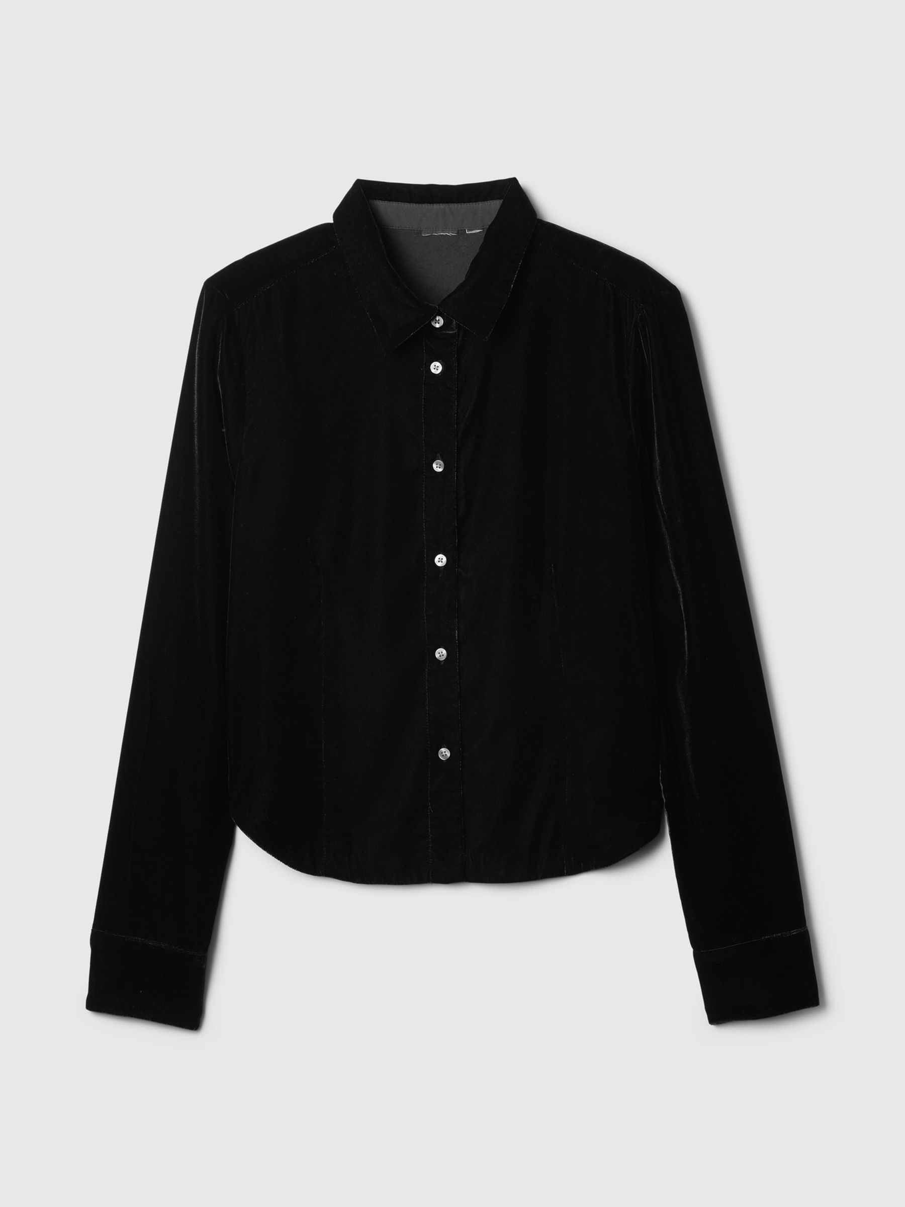 Black Long Sleeved Cropped Velvet Shirt - Image 4 of 4