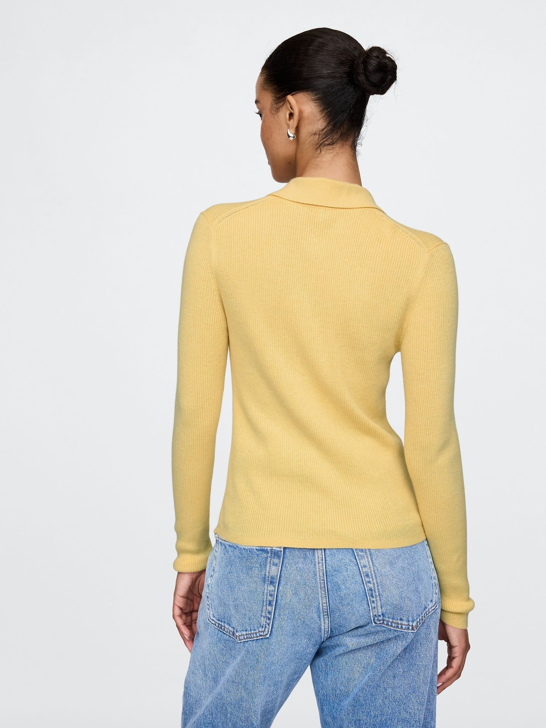 Yellow CashSoft Rib Polo Cardigan - Image 2 of 5