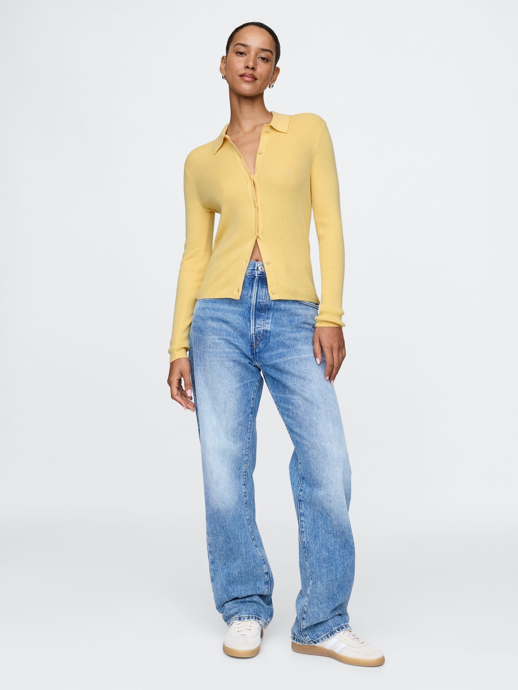 Yellow CashSoft Rib Polo Cardigan - Image 3 of 5