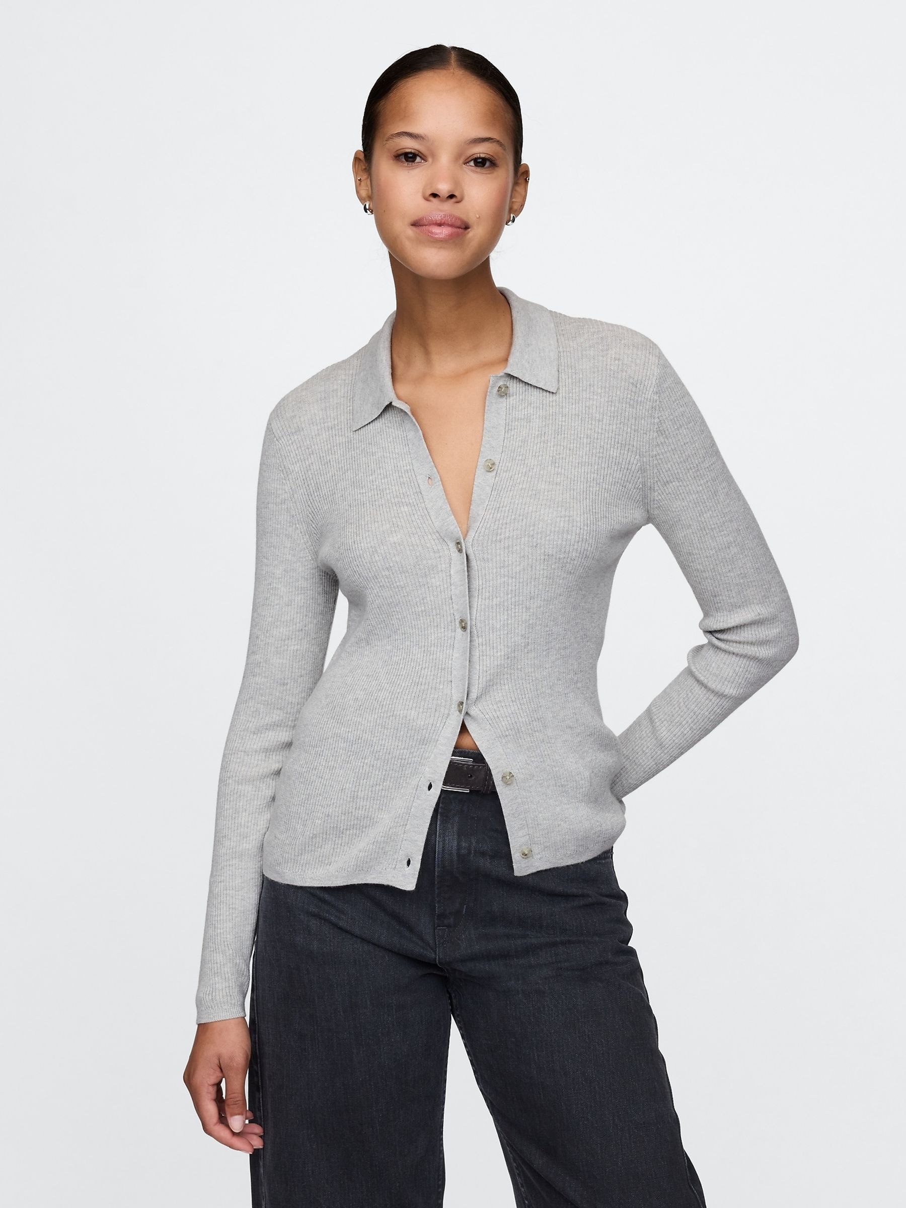 Grey CashSoft Rib Polo Cardigan - Image 1 of 5