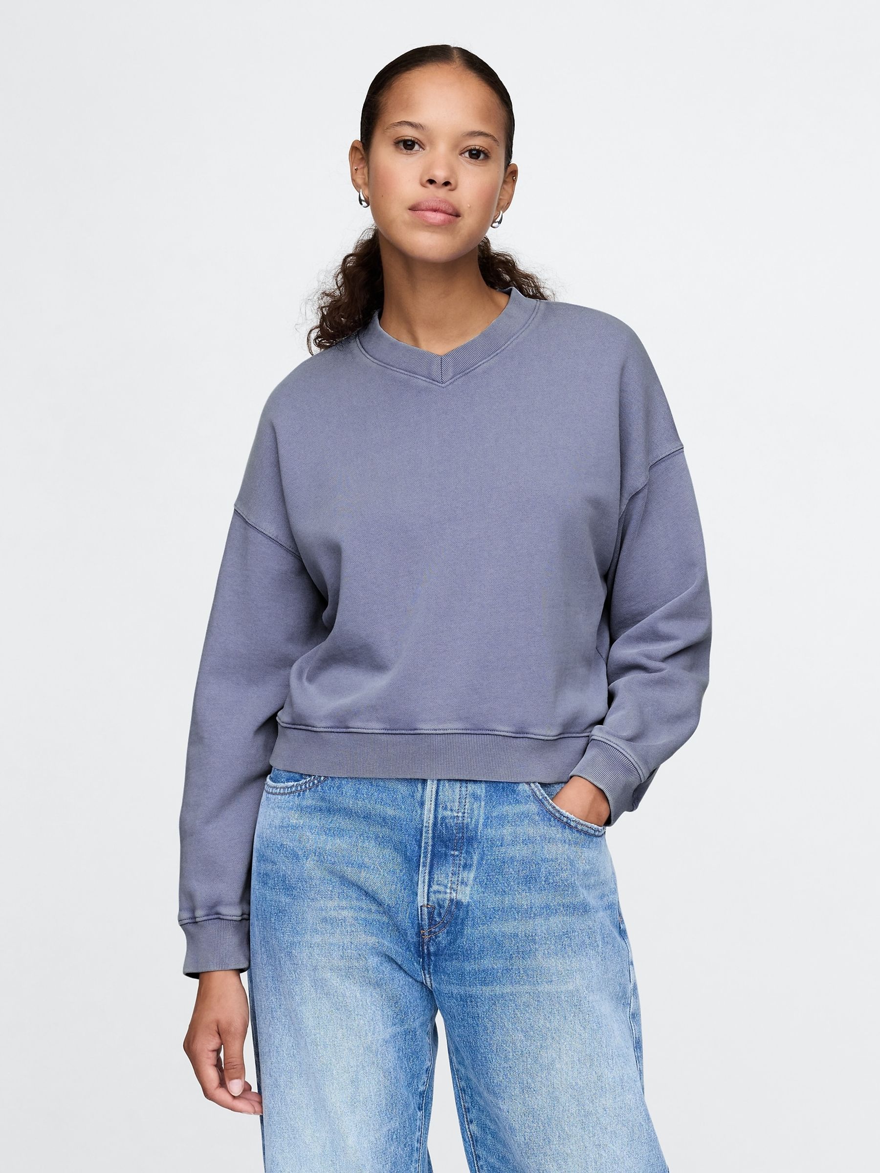 Blue Vintage Oversized  V-Neck Sweatshirt - Image 1 of 5