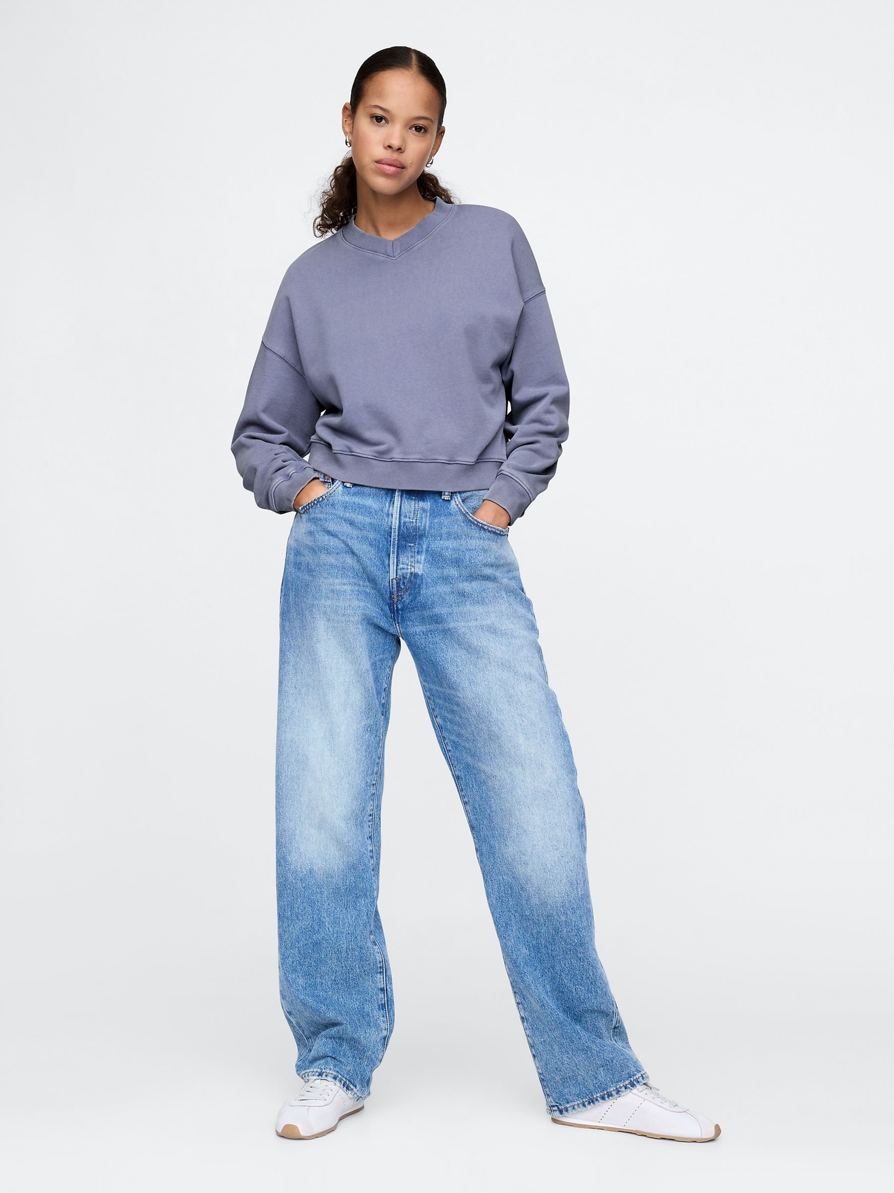 Blue Vintage Oversized  V-Neck Sweatshirt - Image 3 of 5