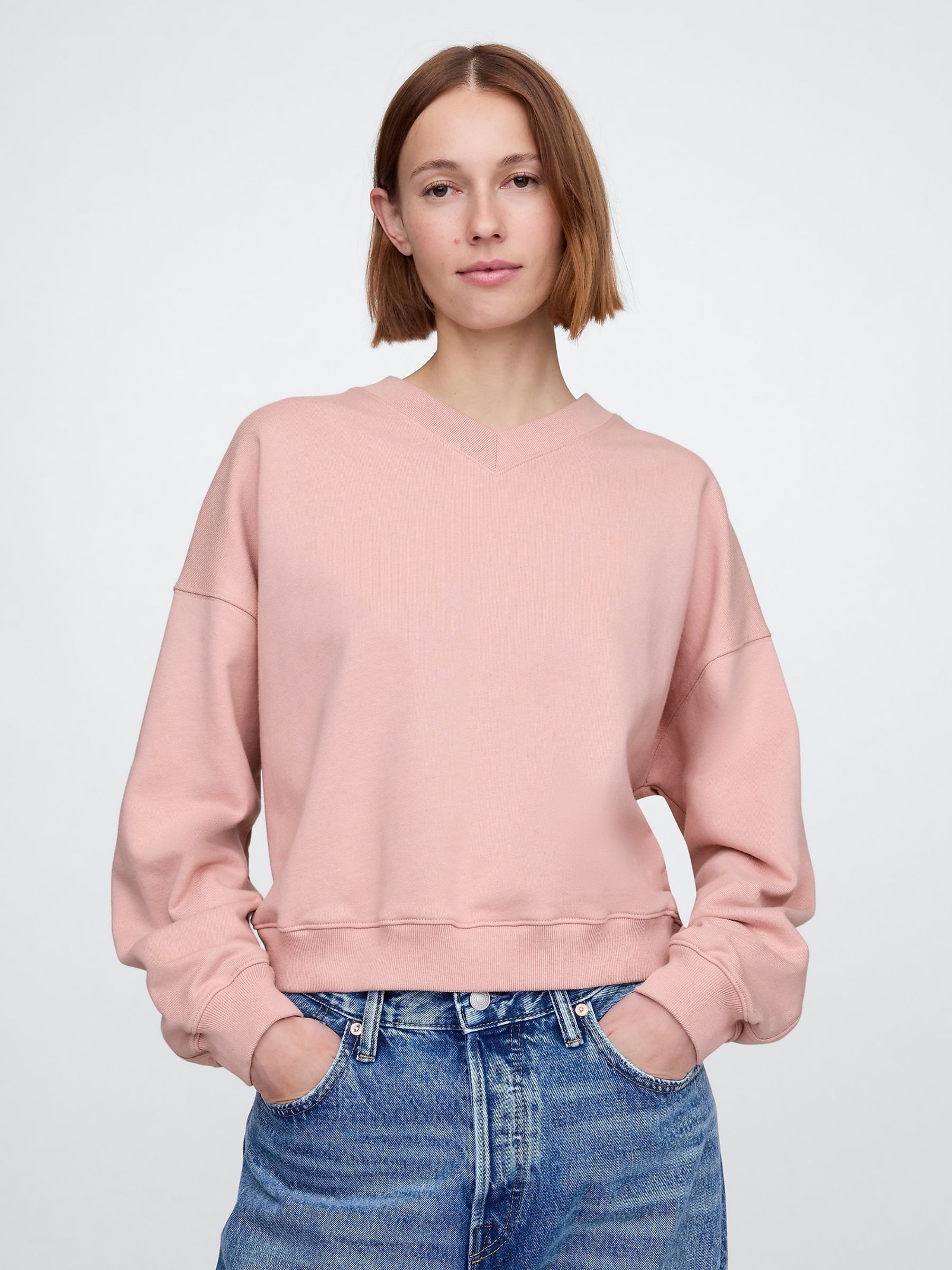 Pink Vintage Oversized  V-Neck Sweatshirt - Image 1 of 5