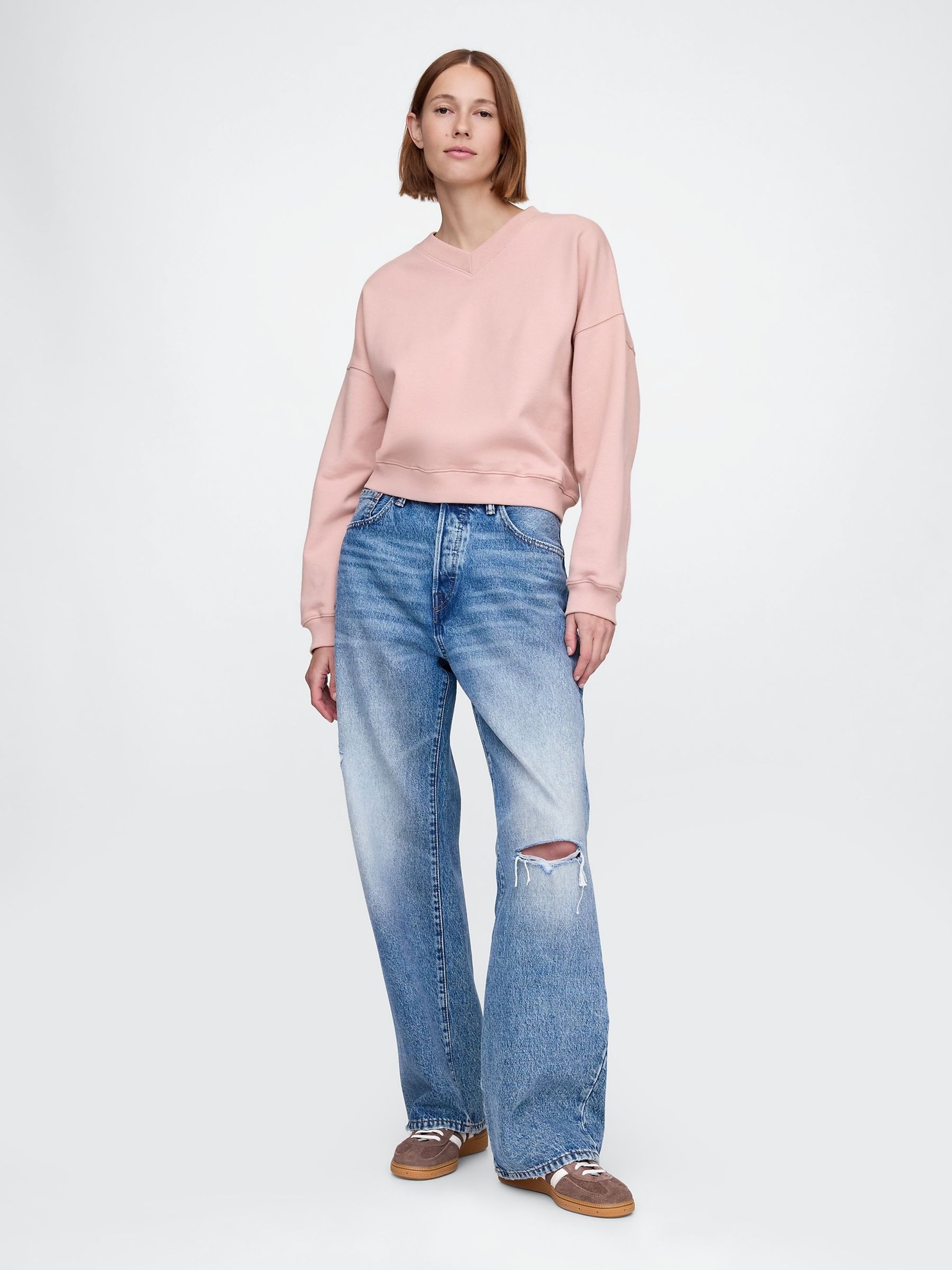 Pink Vintage Oversized  V-Neck Sweatshirt - Image 3 of 5