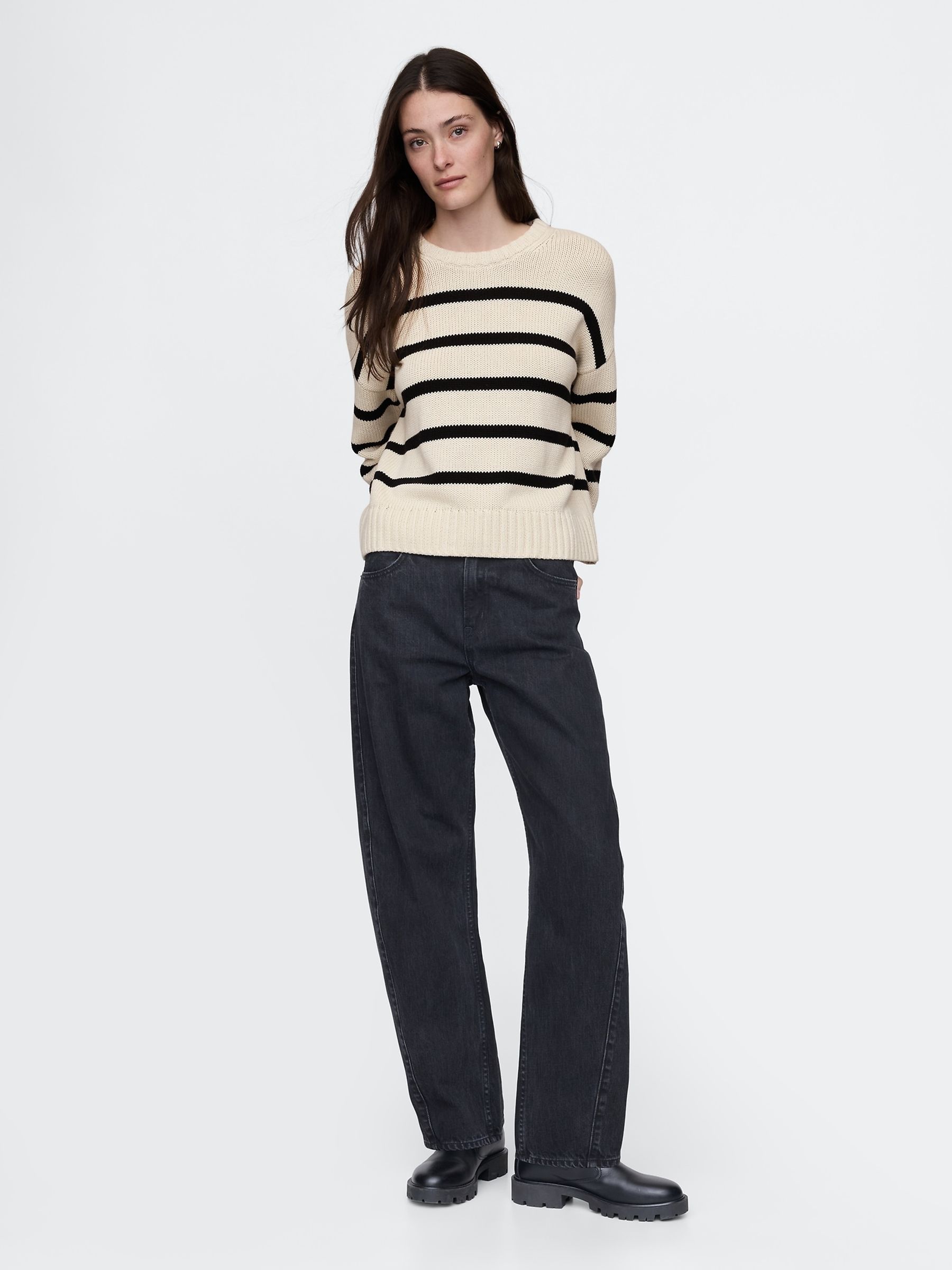 Cream/Navy Blue Stripe Cotton Crew Neck Jumper - Image 3 of 5