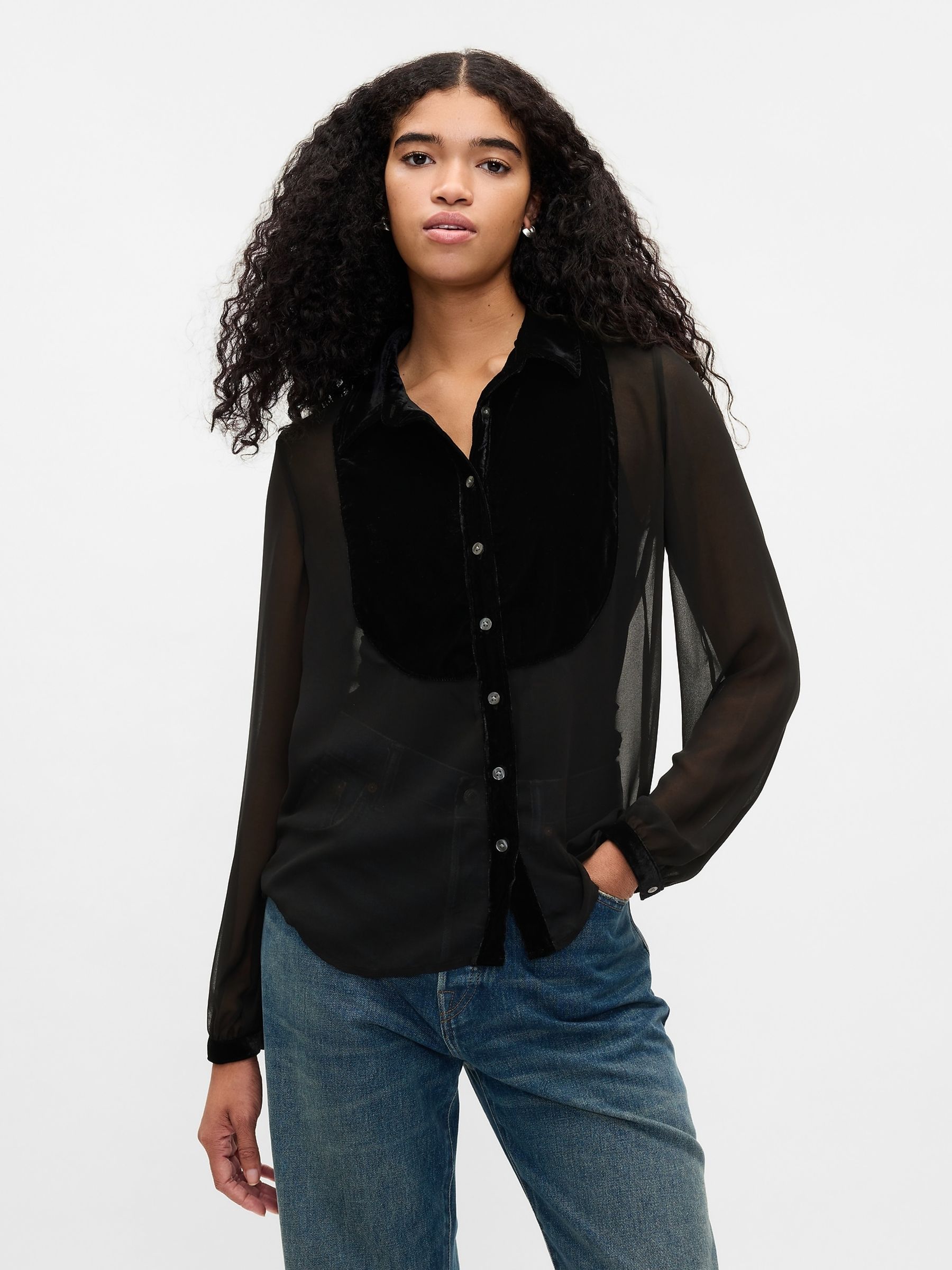 Black Classic Velvet Oversized Shirt - Image 1 of 5
