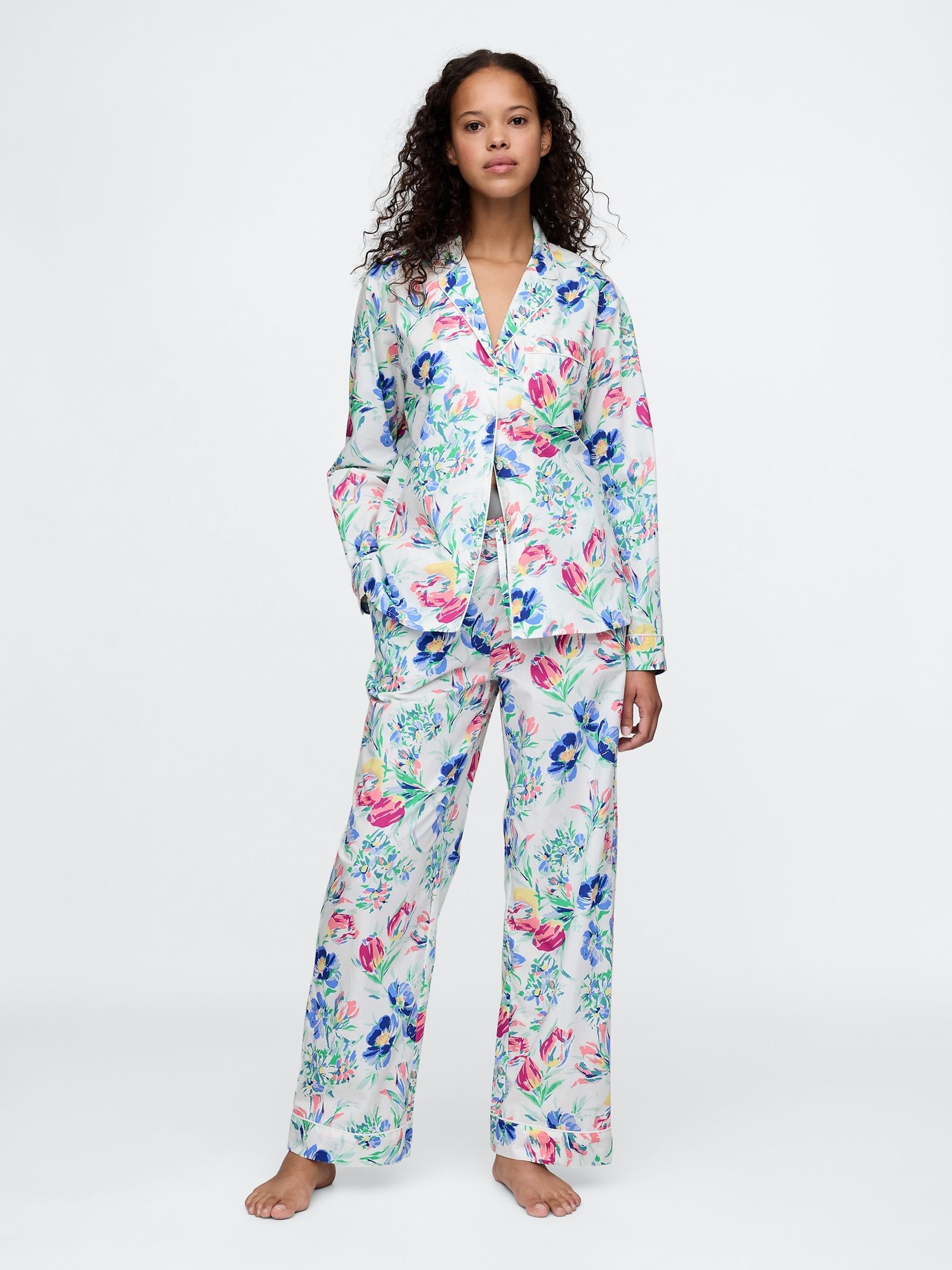 White/Blue Floral Trouser Cotton Poplin Pyjama Bottoms - Image 1 of 4
