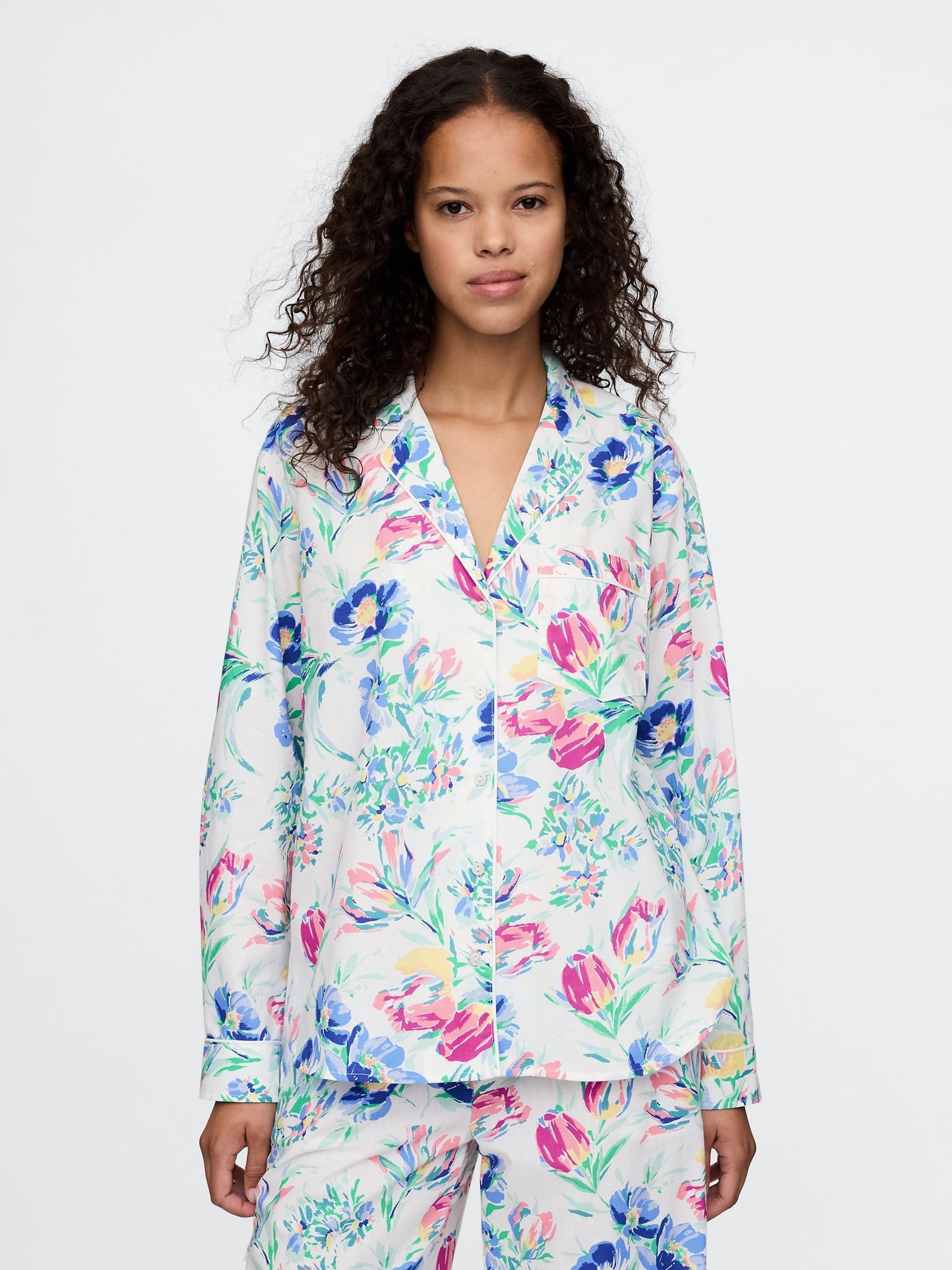 White/Blue Floral Long Sleeve Poplin Pyjama Shirt - Image 1 of 5