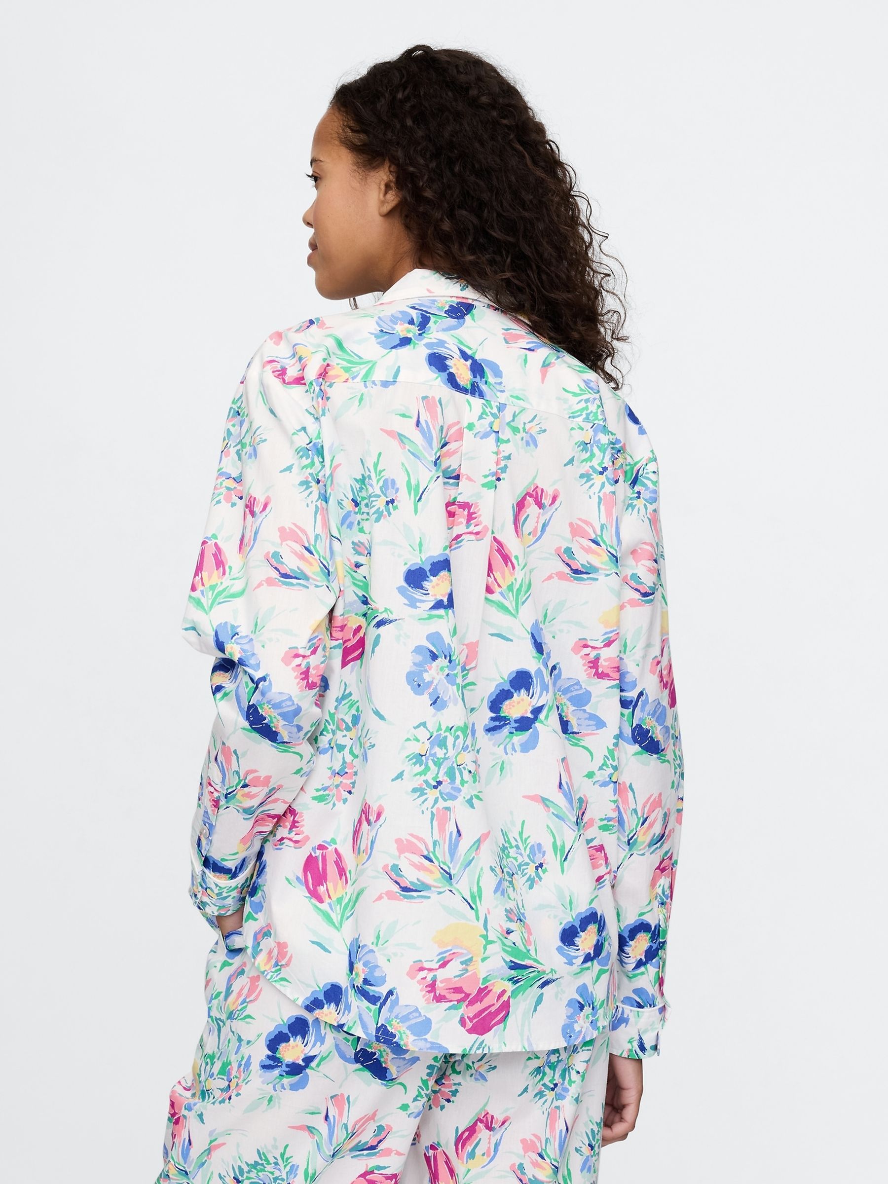 White/Blue Floral Long Sleeve Poplin Pyjama Shirt - Image 2 of 5