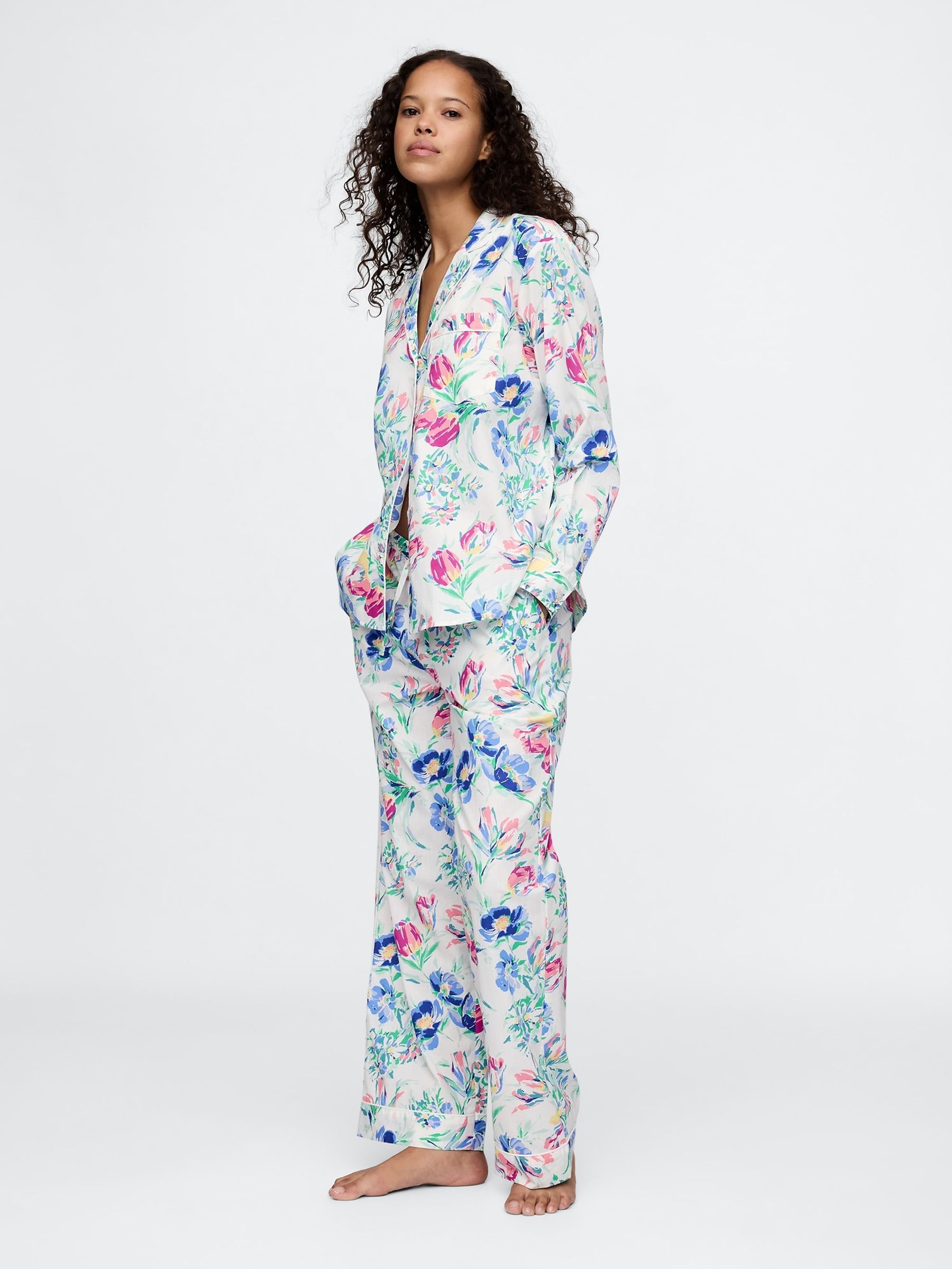 White/Blue Floral Long Sleeve Poplin Pyjama Shirt - Image 3 of 5