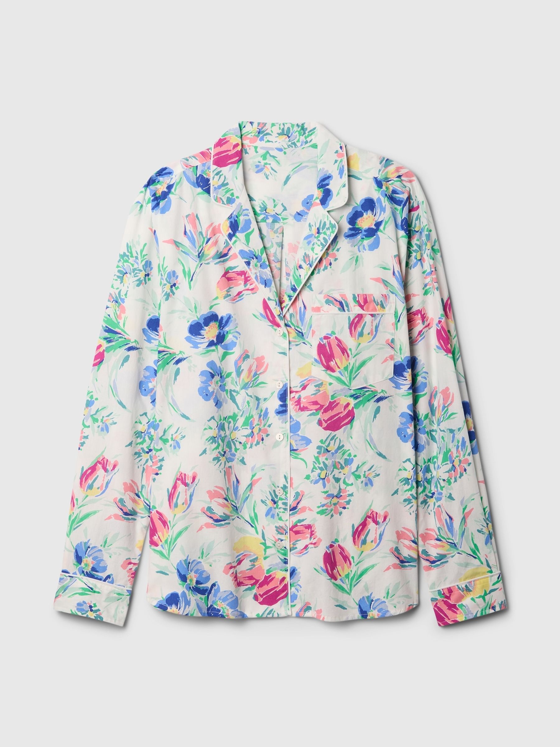 White/Blue Floral Long Sleeve Poplin Pyjama Shirt - Image 4 of 5