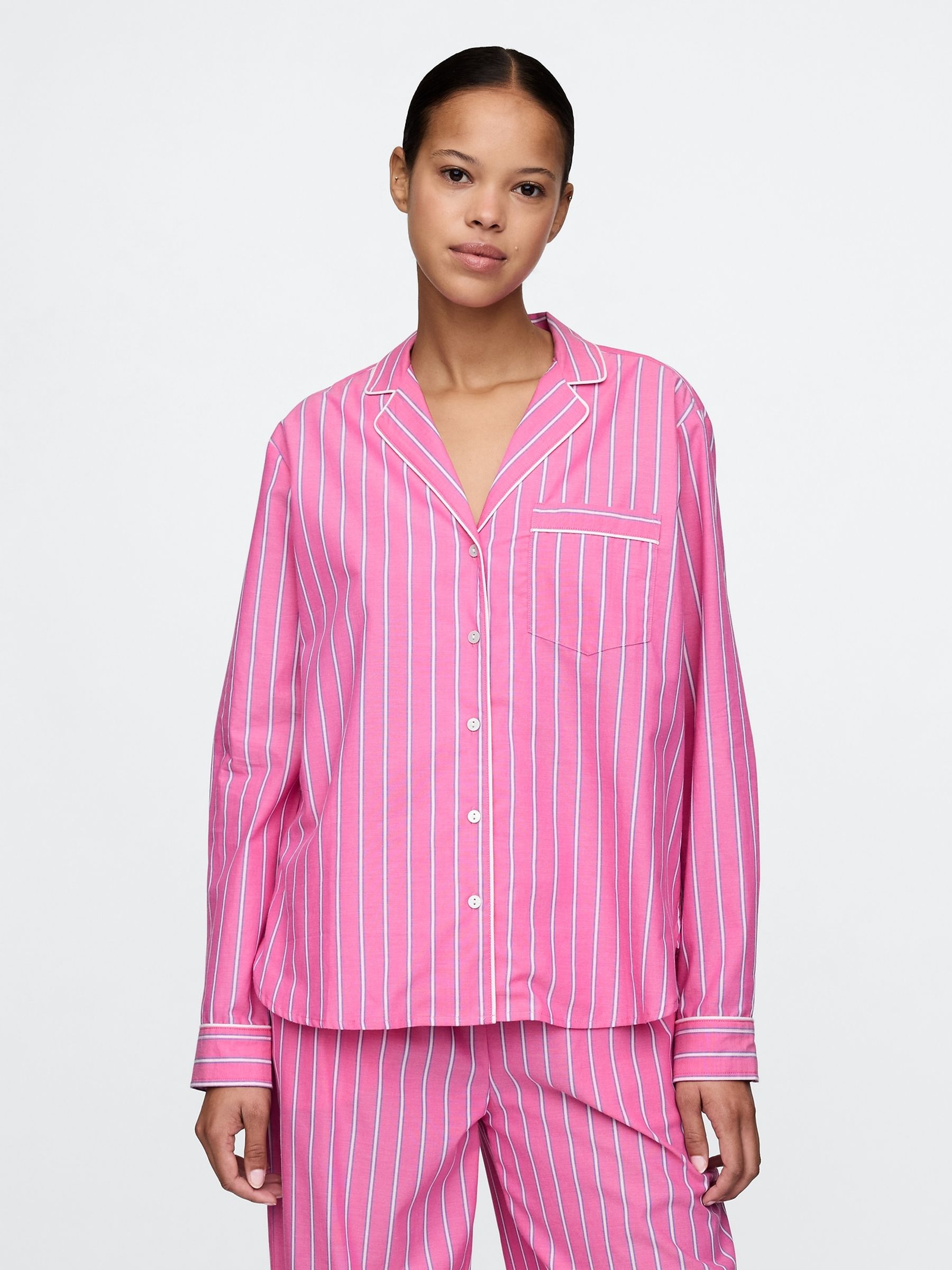 Pink Stripe Long Sleeve Poplin Pyjama Shirt - Image 1 of 5