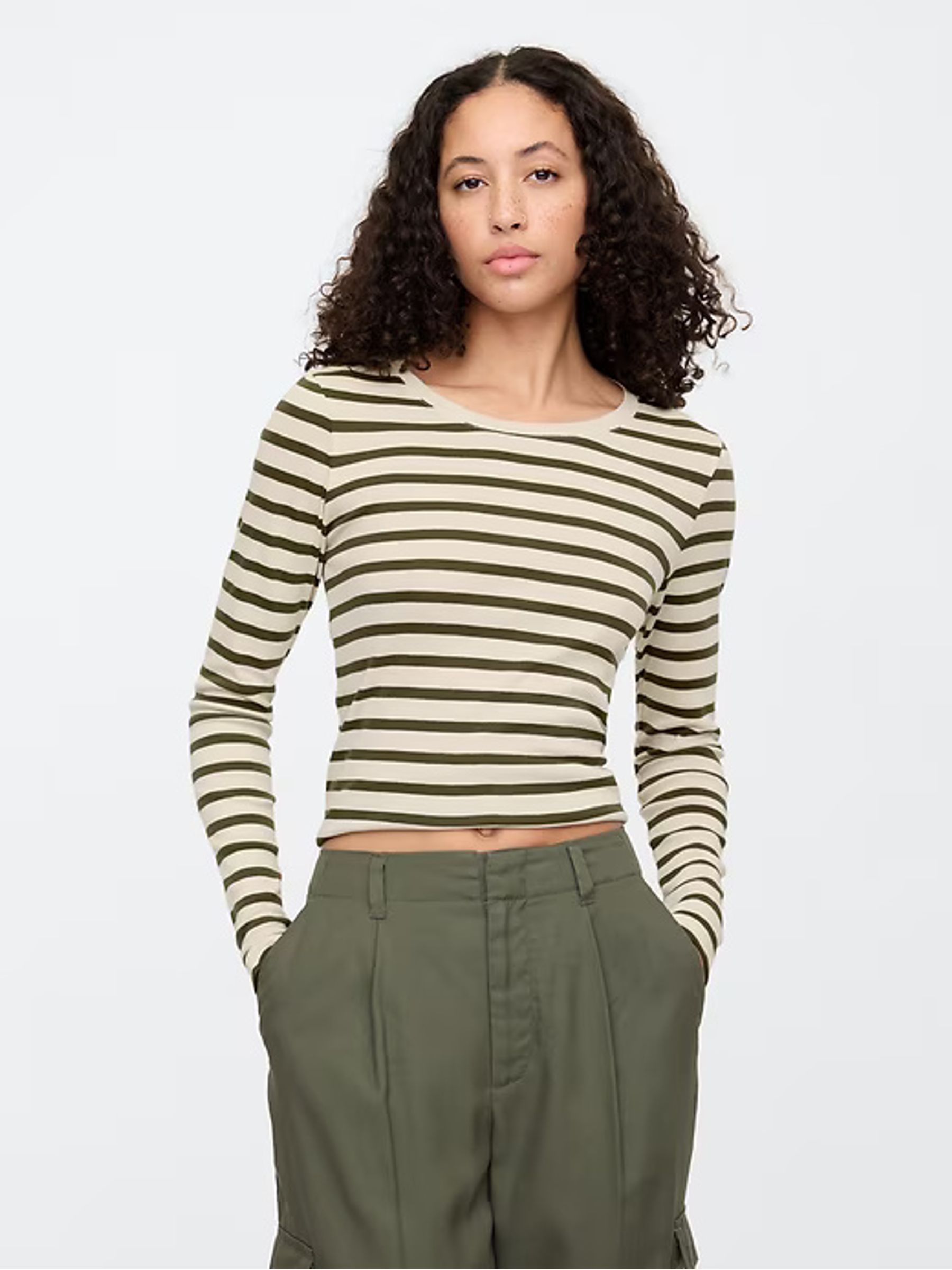 Cream Stripe Favourite Cotton-Modal Crew Neck Long Sleeve T-Shirt - Image 1 of 6