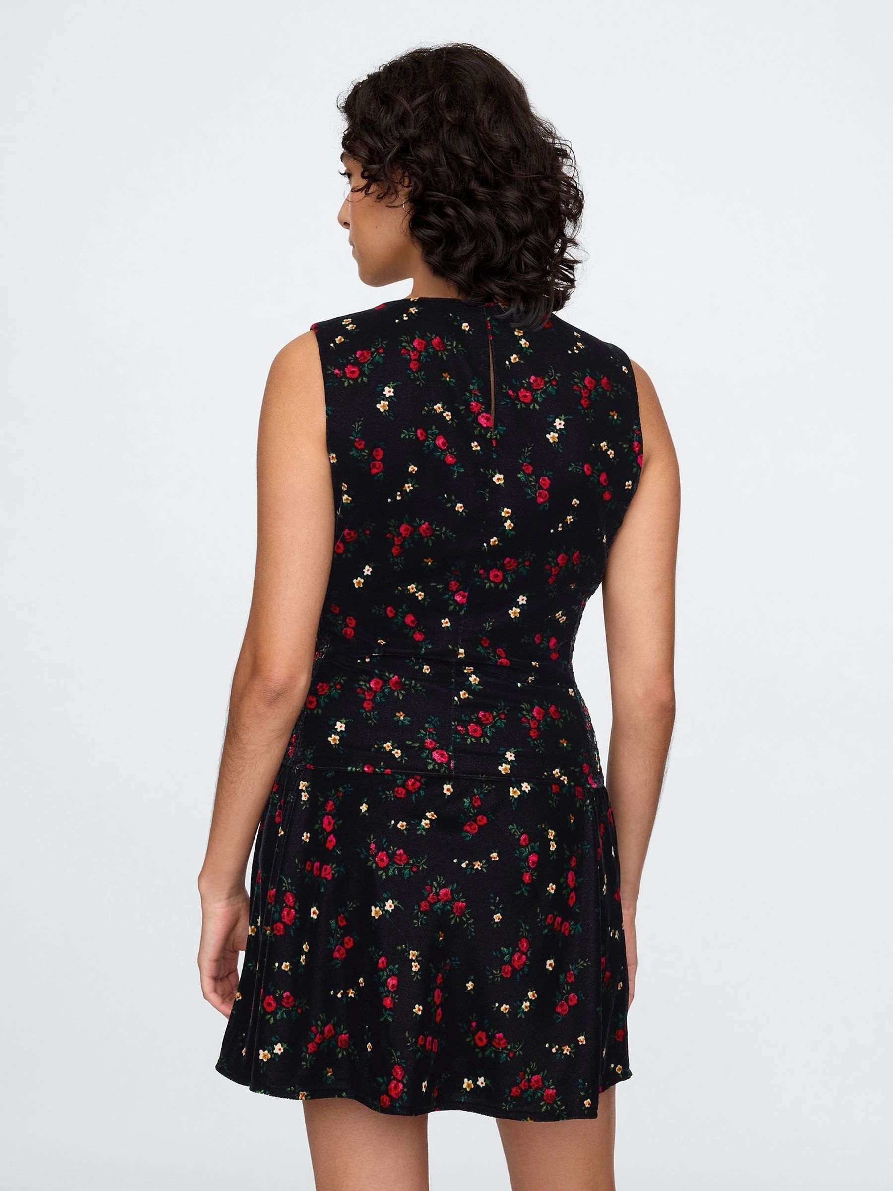 Black Floral Velvet Square-Neck Cropped Top - Image 2 of 5