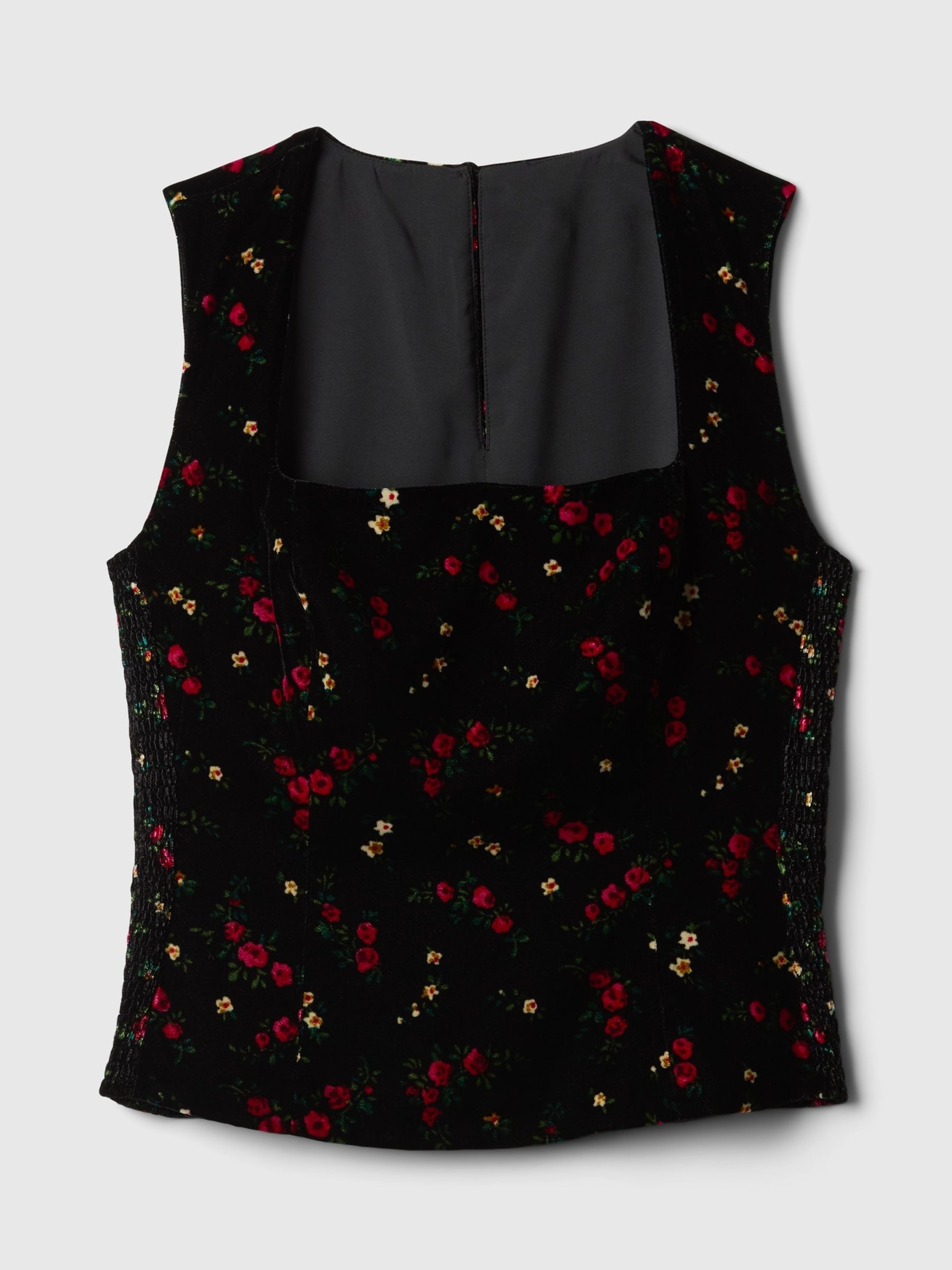 Black Floral Velvet Square-Neck Cropped Top - Image 4 of 5