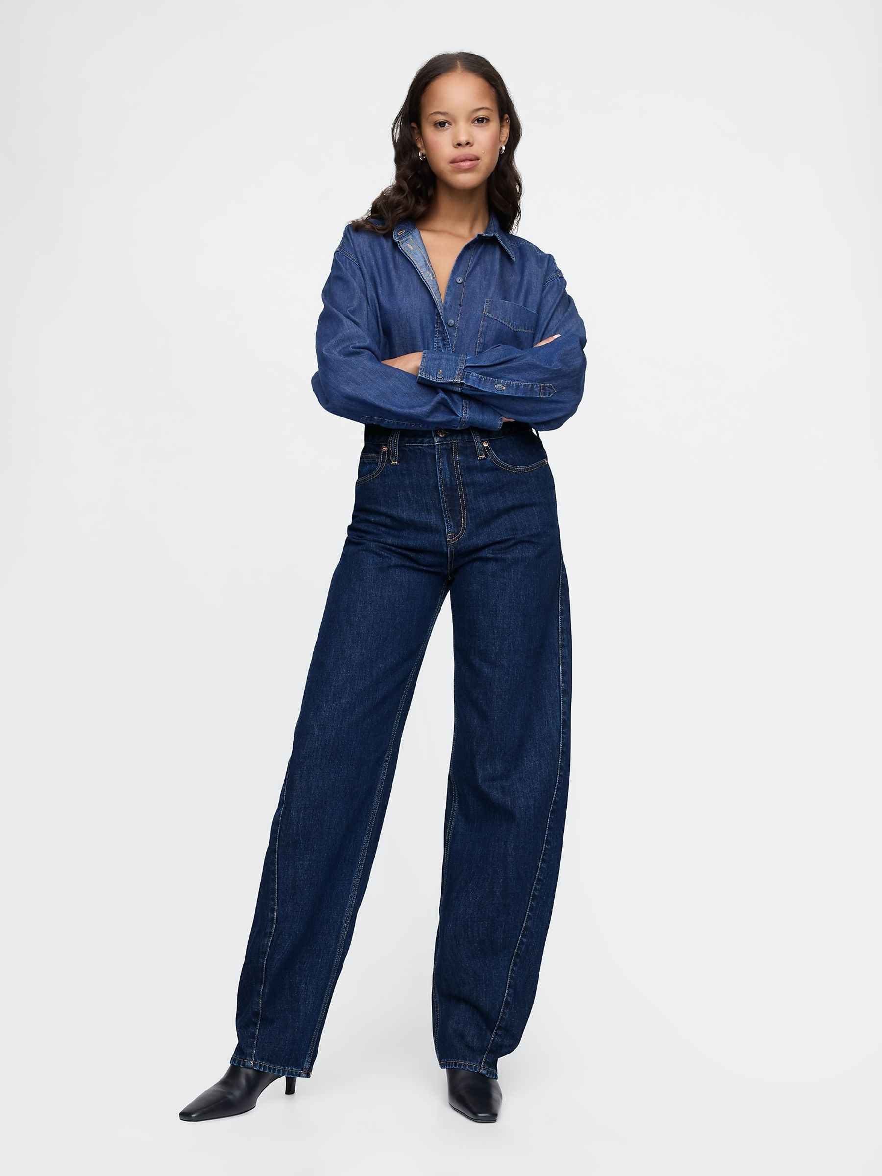 Dark Indigo Blue High Waisted Barrel Jeans - Image 4 of 9