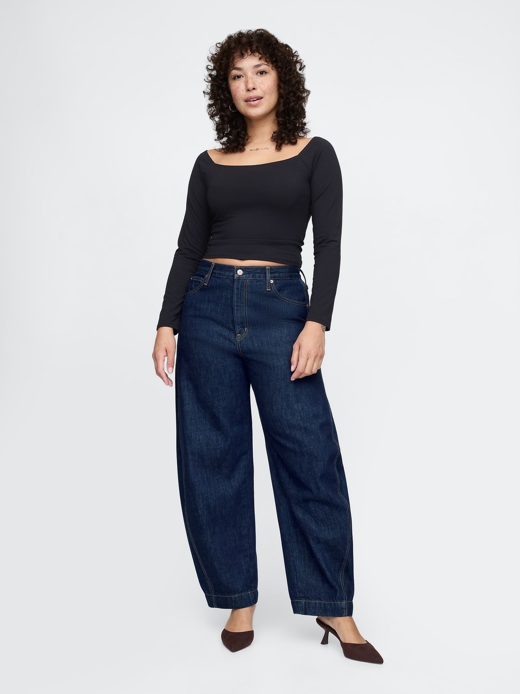 Dark Indigo Blue High Waisted Barrel Jeans - Image 5 of 9