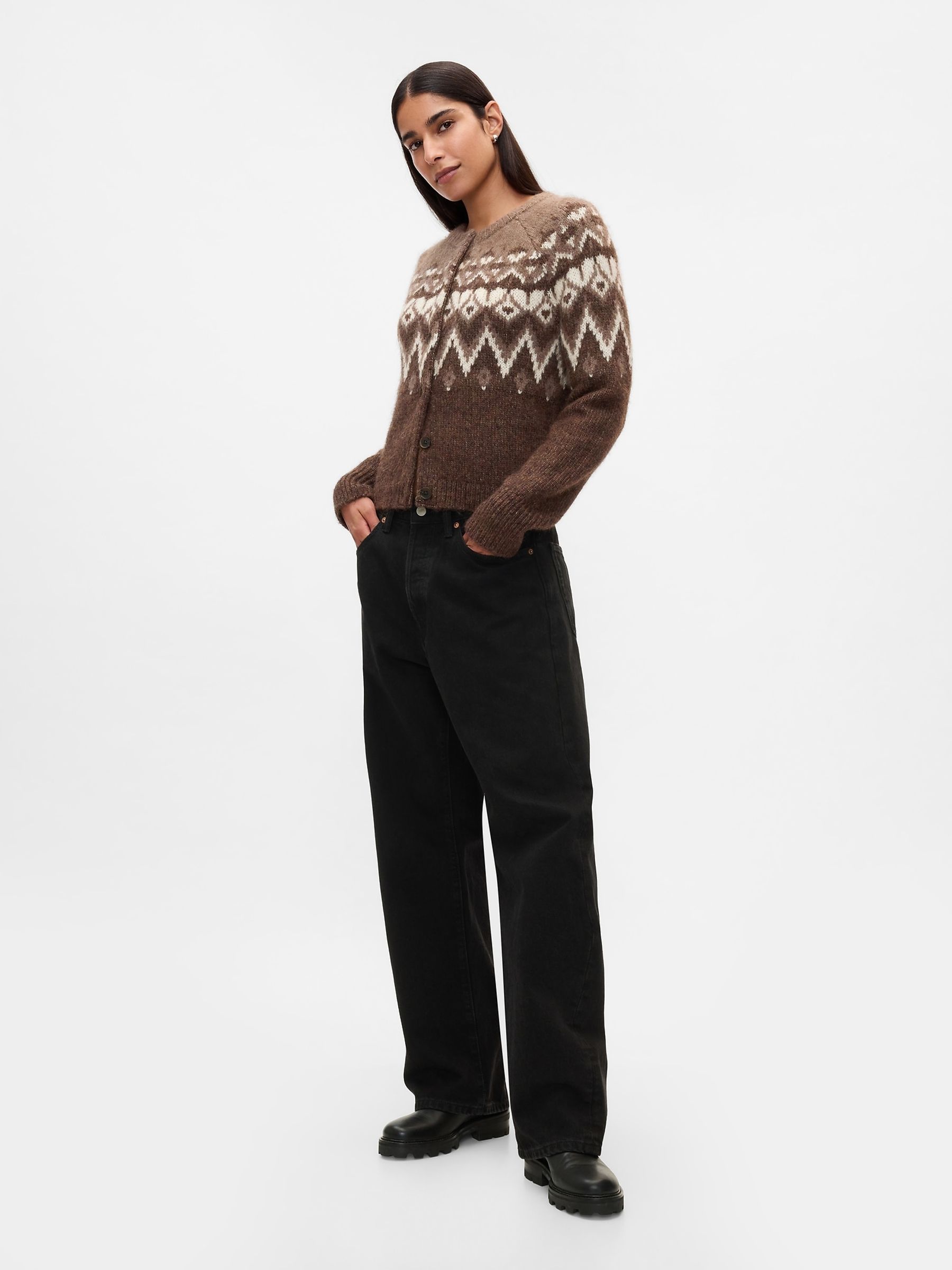 Brown Brushed Fair Isle Cropped Cardigan - Image 3 of 5
