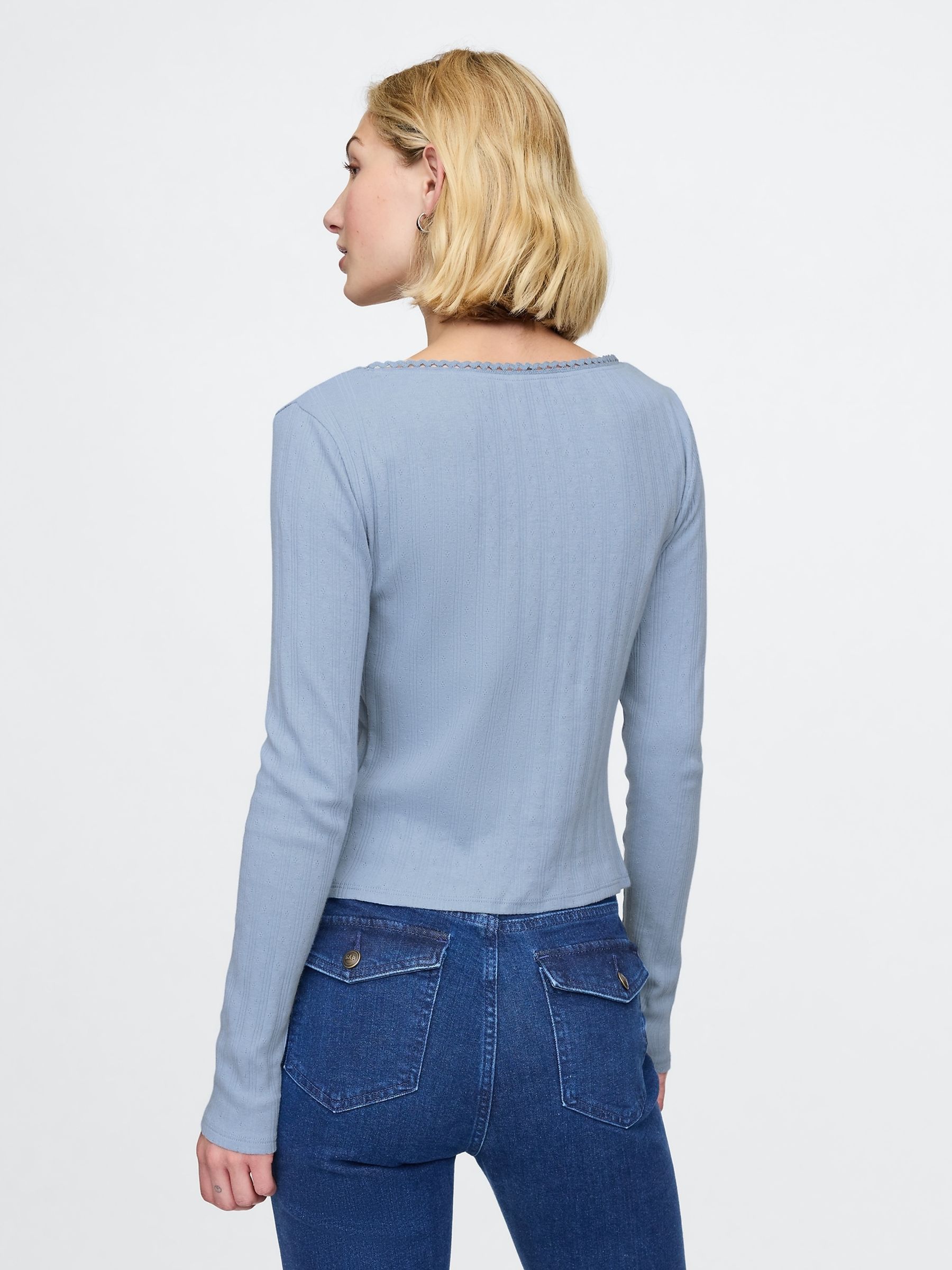 Blue Cropped Pointelle Cardigan - Image 2 of 5