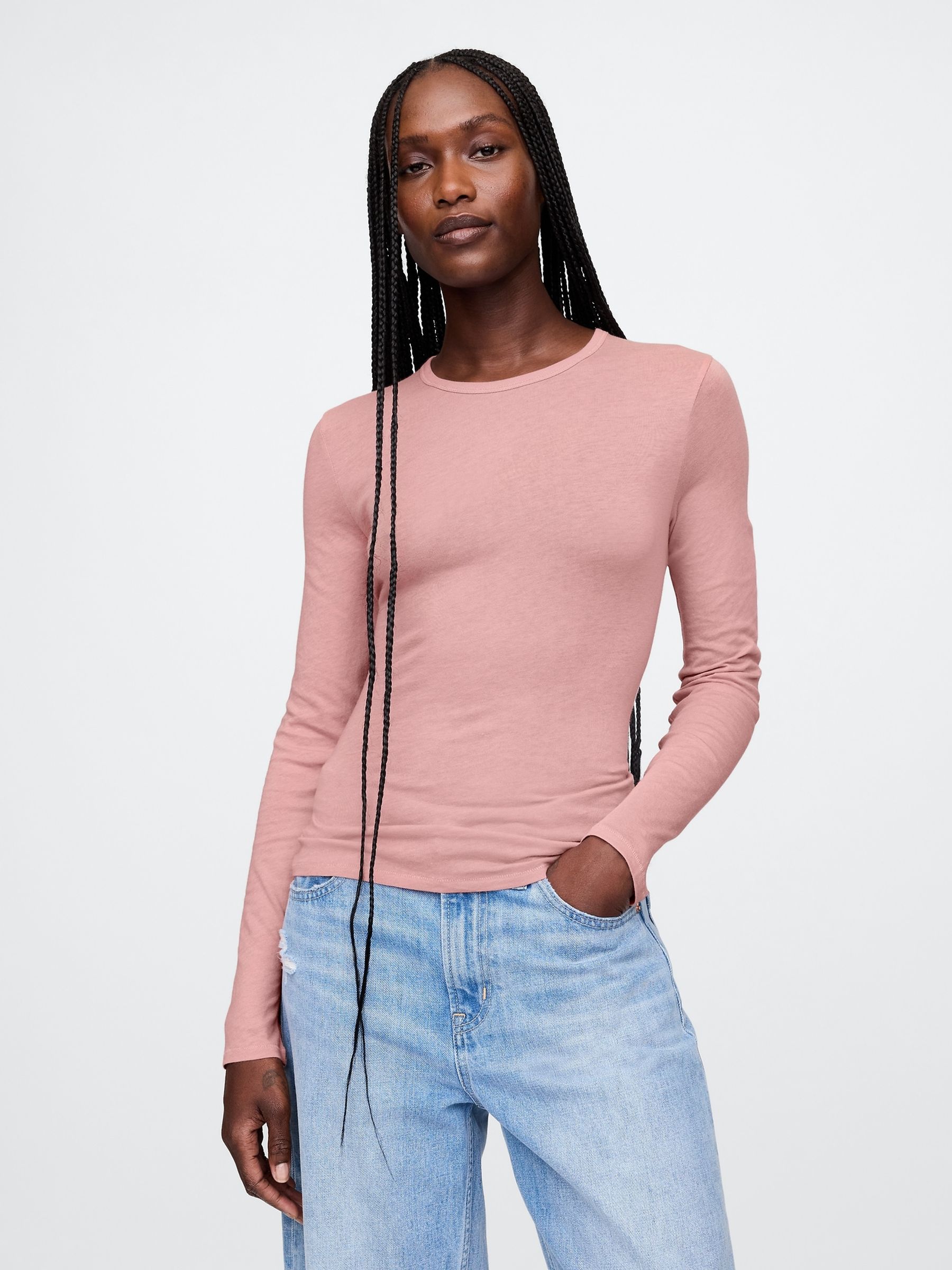 Pink Modern Long Sleeve Crew Neck T-Shirt - Image 1 of 5