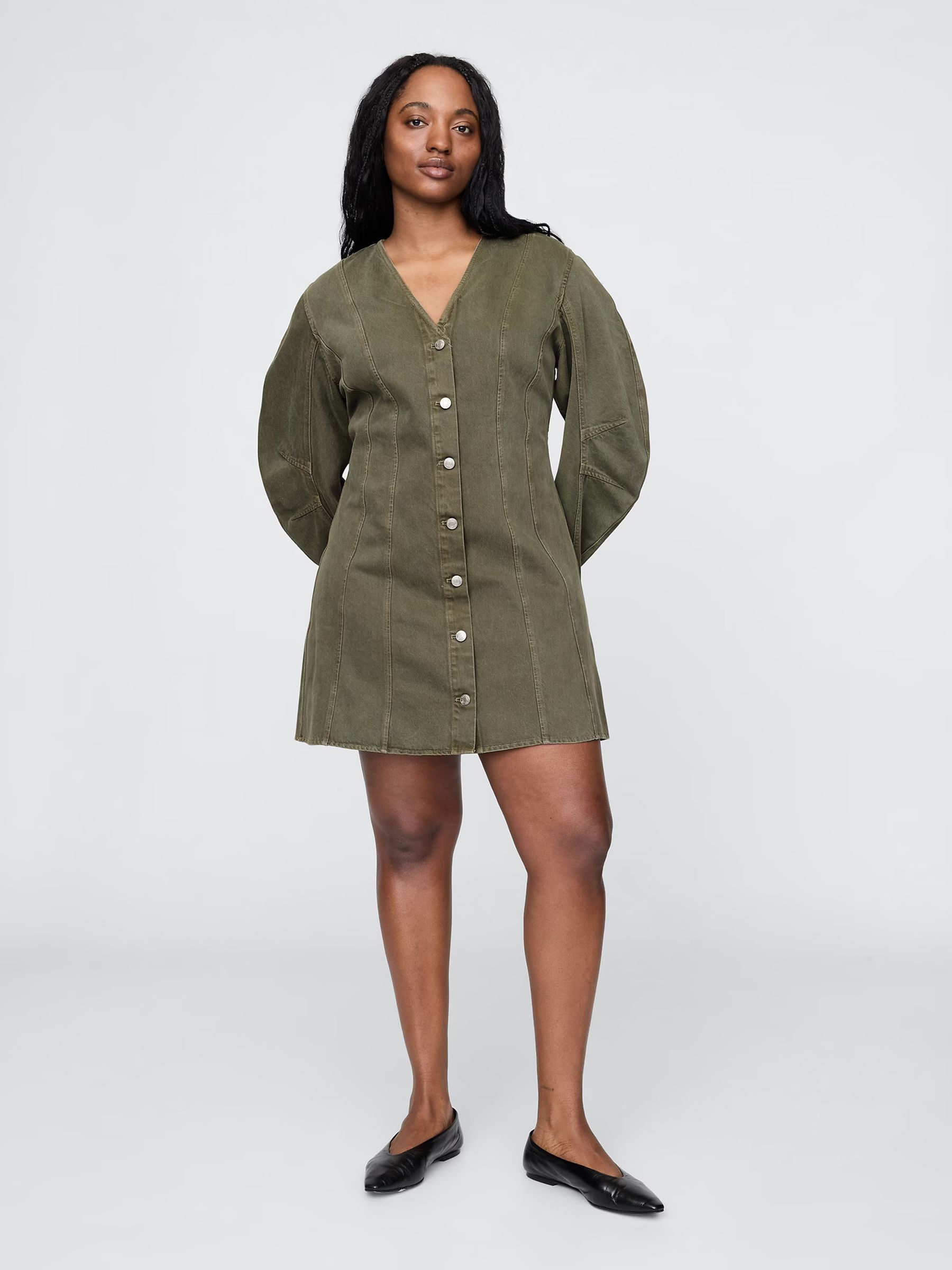 Green Barrel Long Sleeve 100% Cotton V-Neck Shirt Dress - Image 5 of 7