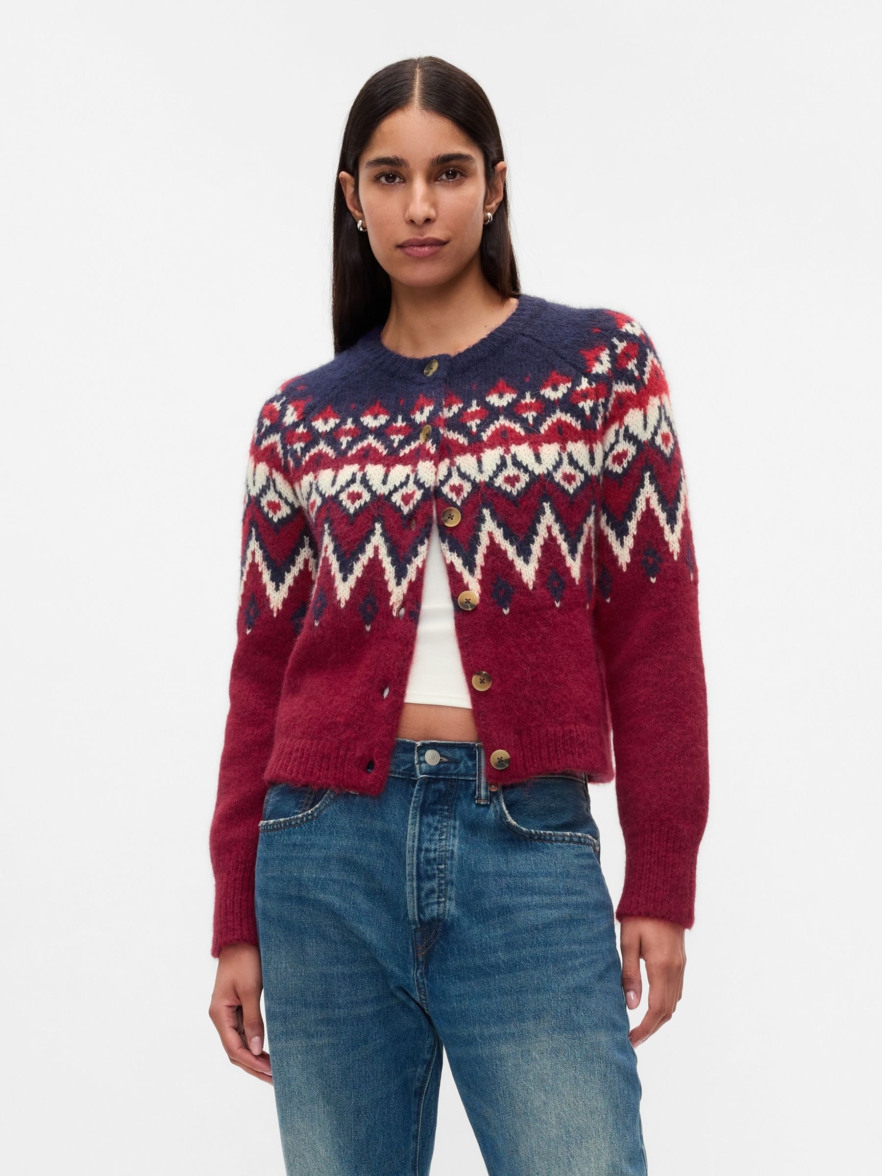 Red Brushed Fair Isle Cropped Cardigan - Image 1 of 5