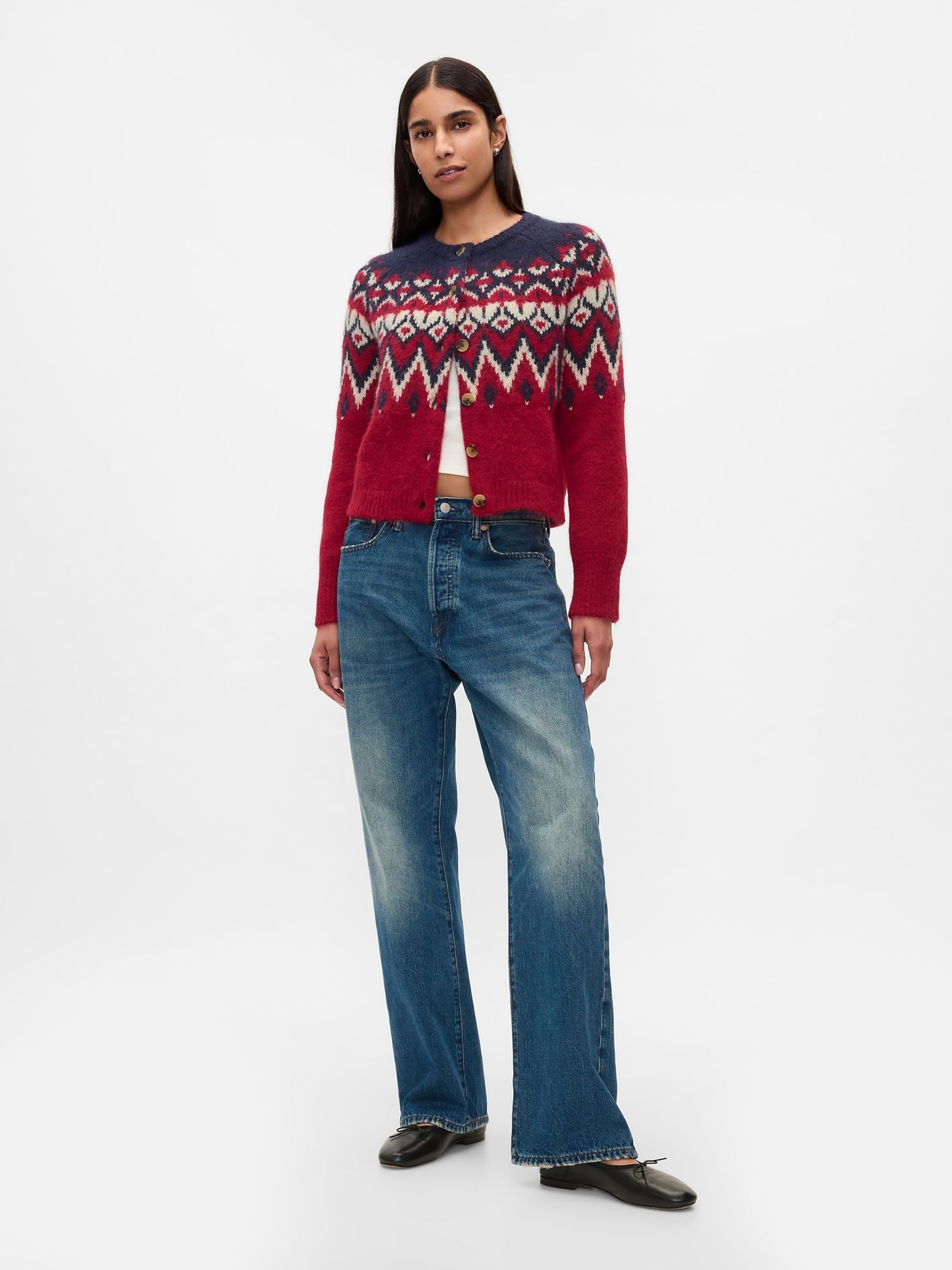 Red Brushed Fair Isle Cropped Cardigan - Image 3 of 5