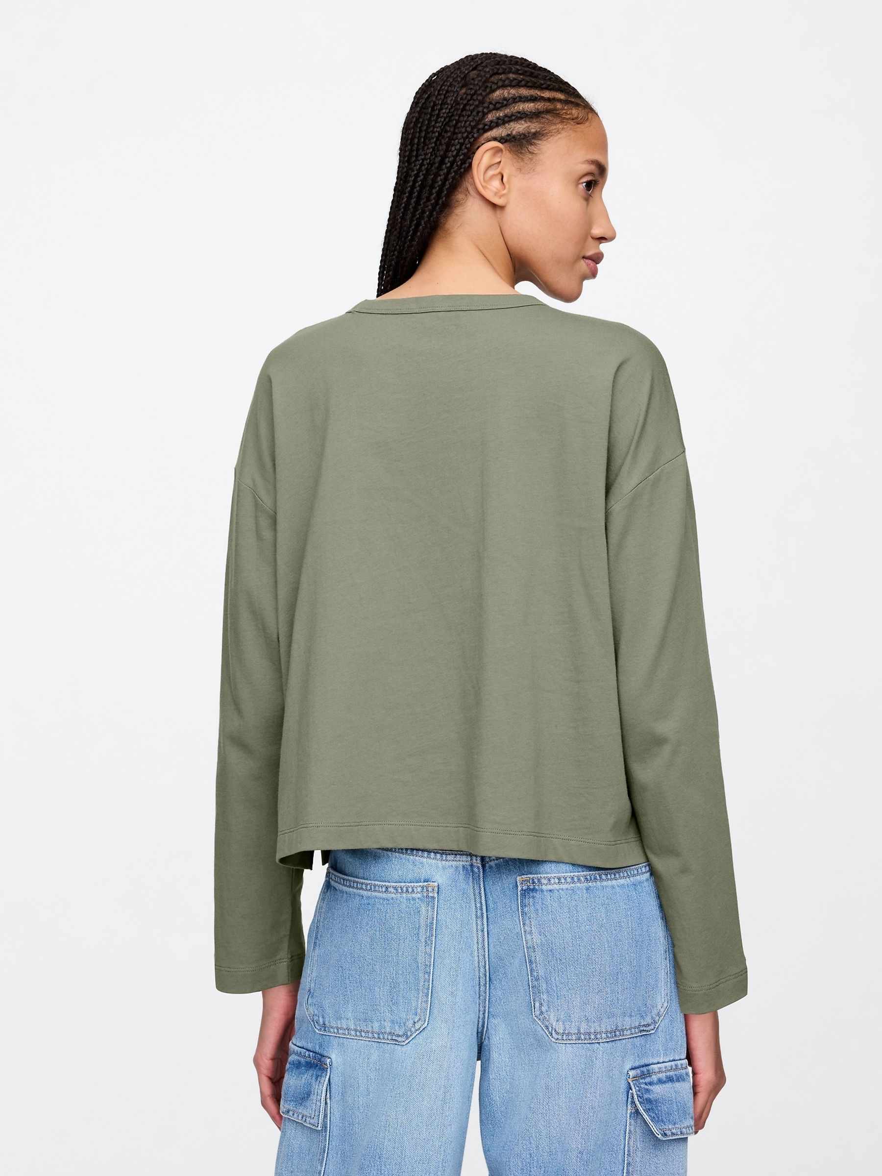 Green Favourite Oversized Cotton-Modal Crew Neck Long Sleeve T-Shirt - Image 2 of 5