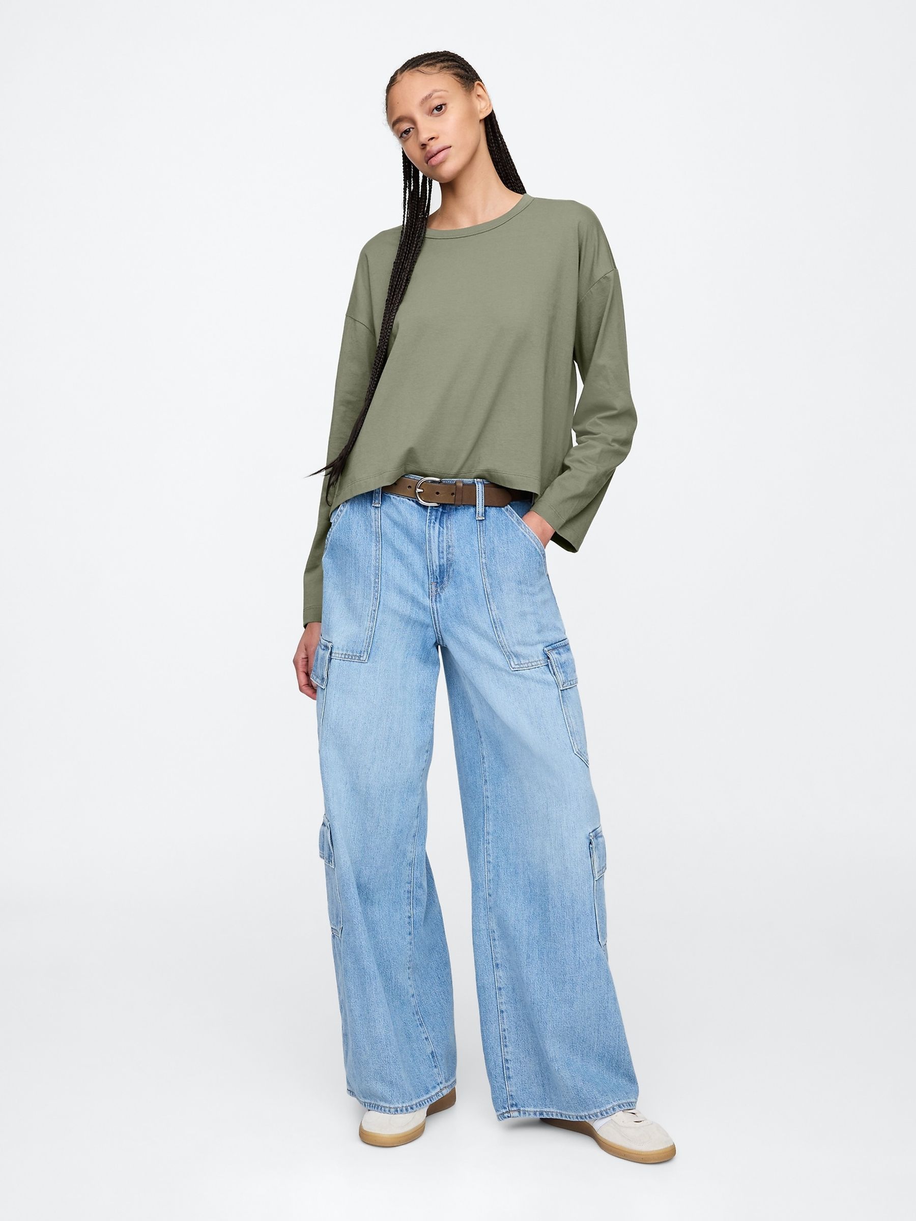 Green Favourite Oversized Cotton-Modal Crew Neck Long Sleeve T-Shirt - Image 3 of 5