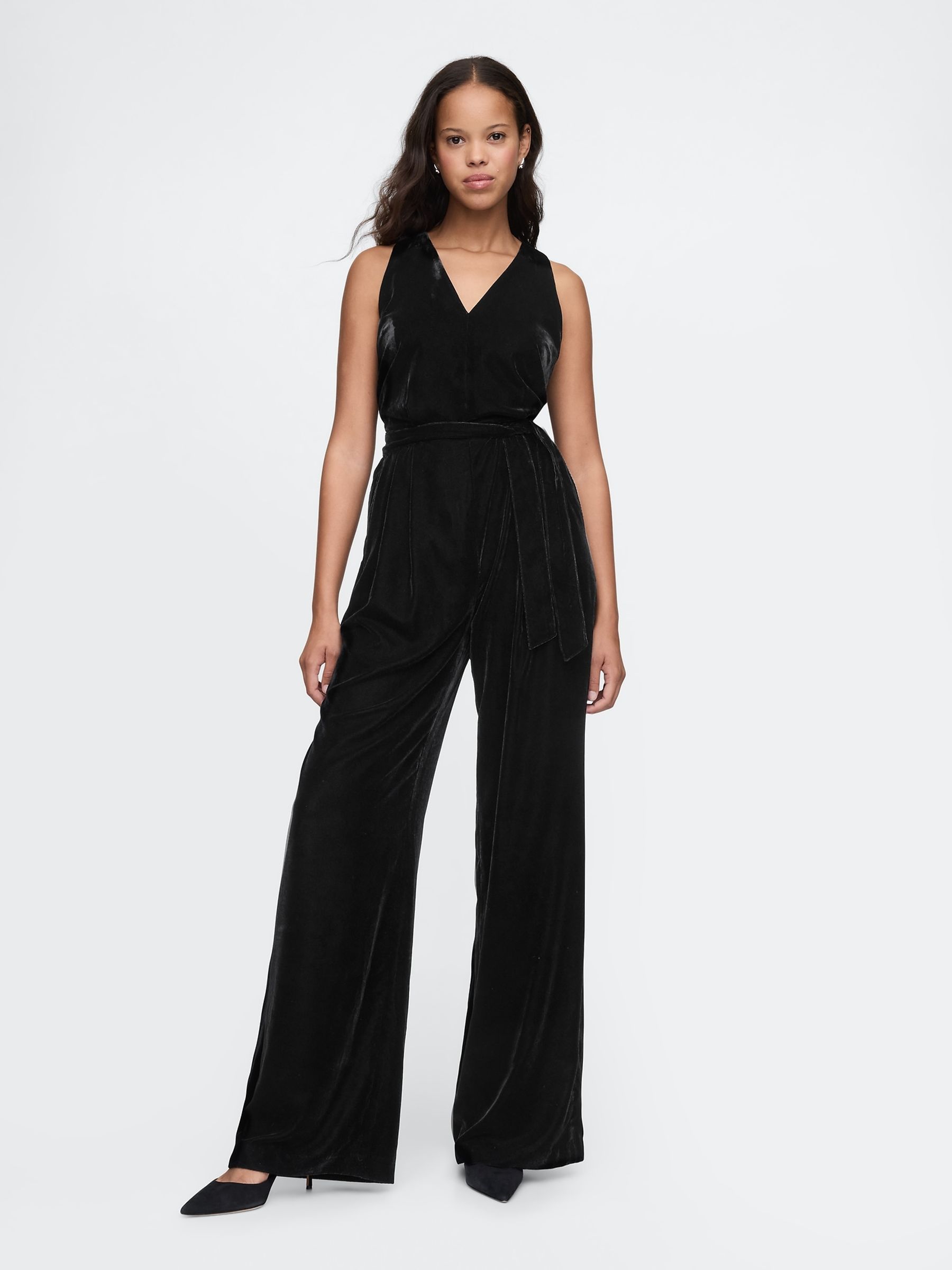 Black Velvet V-Neck Jumpsuit - Image 1 of 5