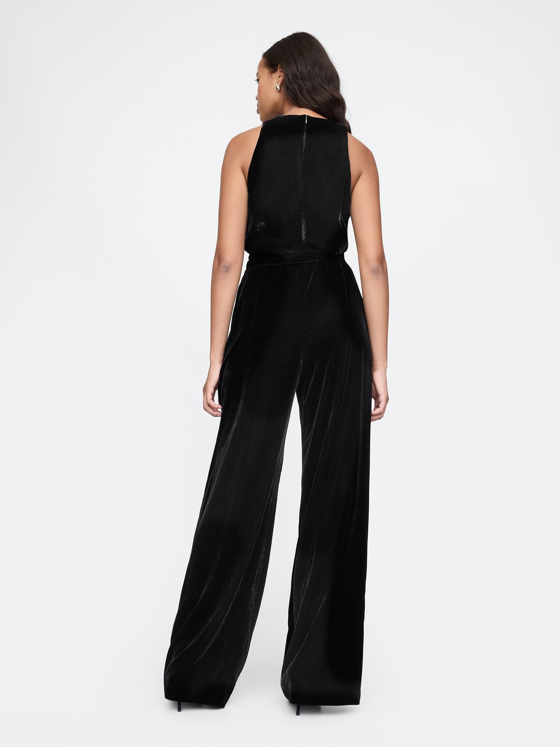 Black Velvet V-Neck Jumpsuit - Image 2 of 5