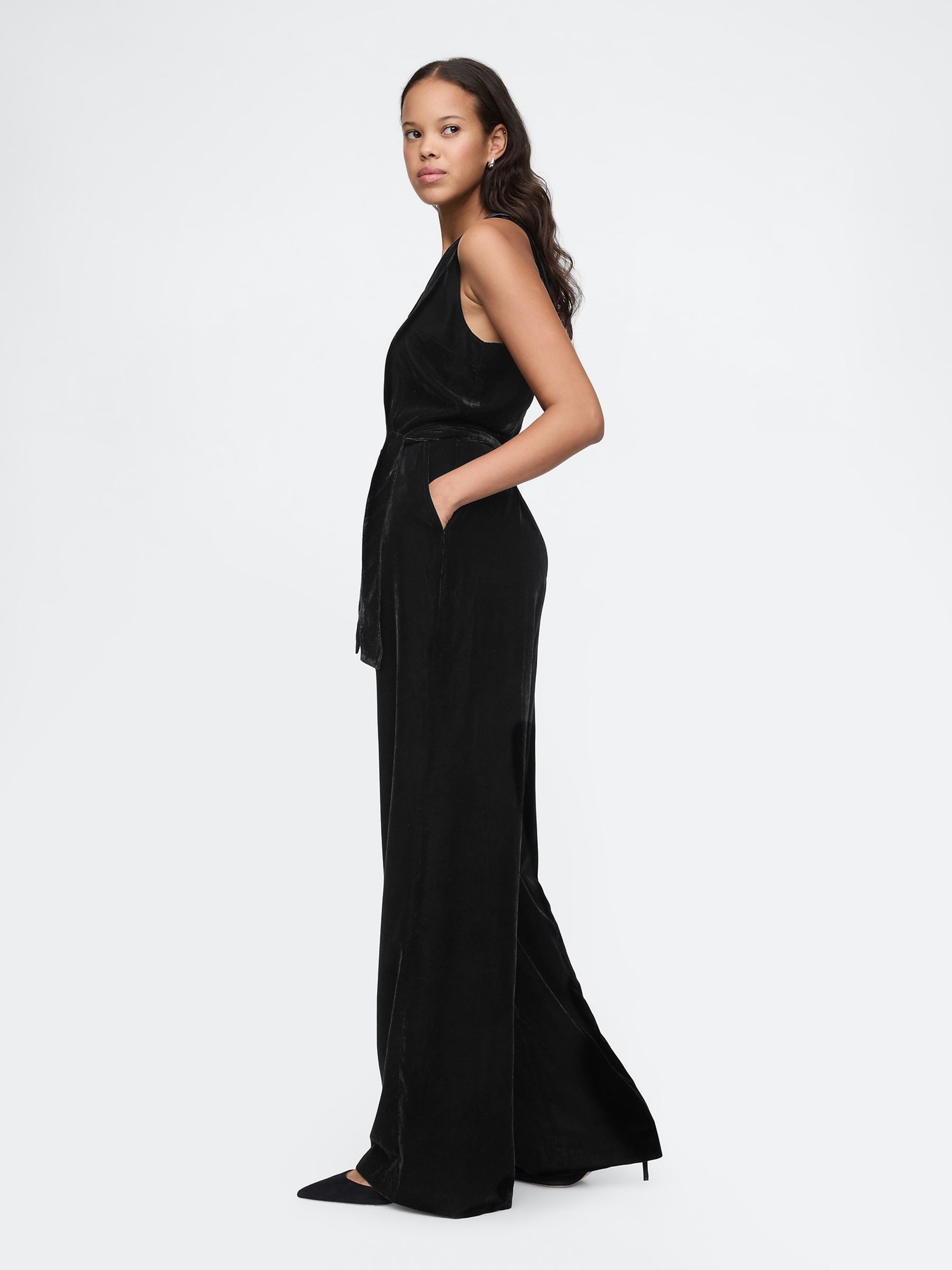 Black Velvet V-Neck Jumpsuit - Image 3 of 5