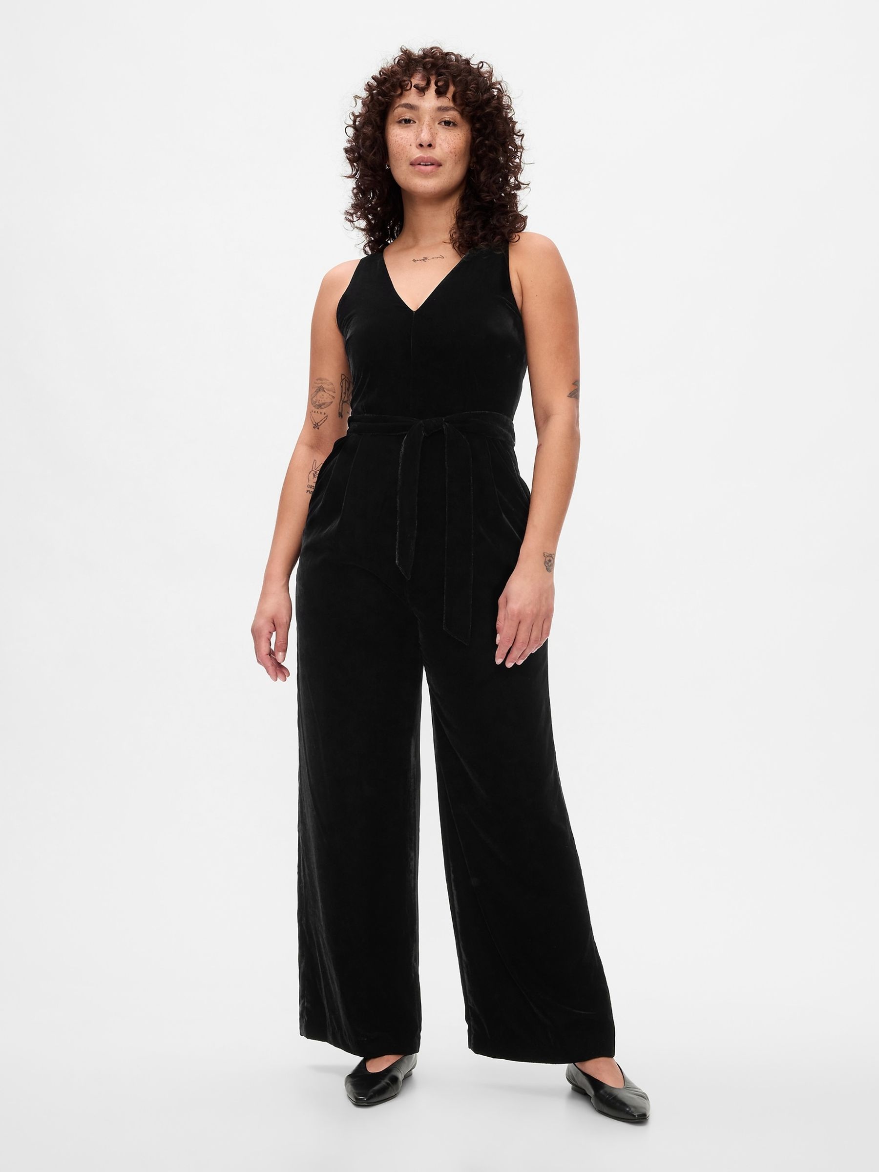 Black Velvet V-Neck Jumpsuit - Image 4 of 5