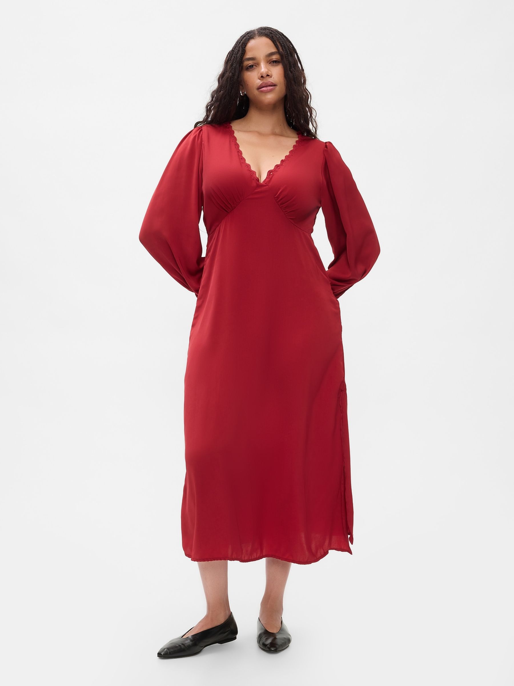 Red Satin Empire Midi Dress - Image 1 of 5