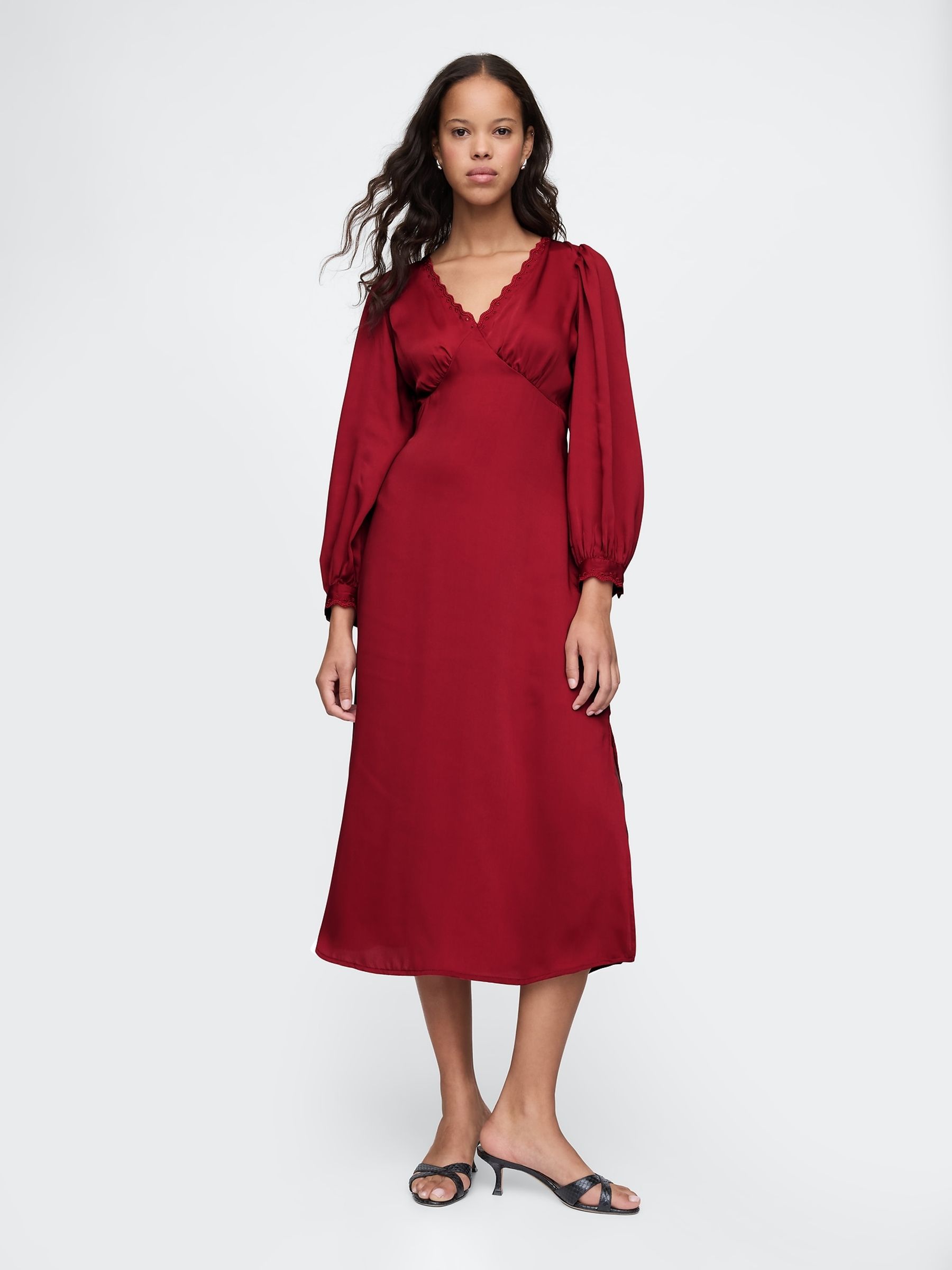 Red Satin Empire Midi Dress - Image 2 of 5