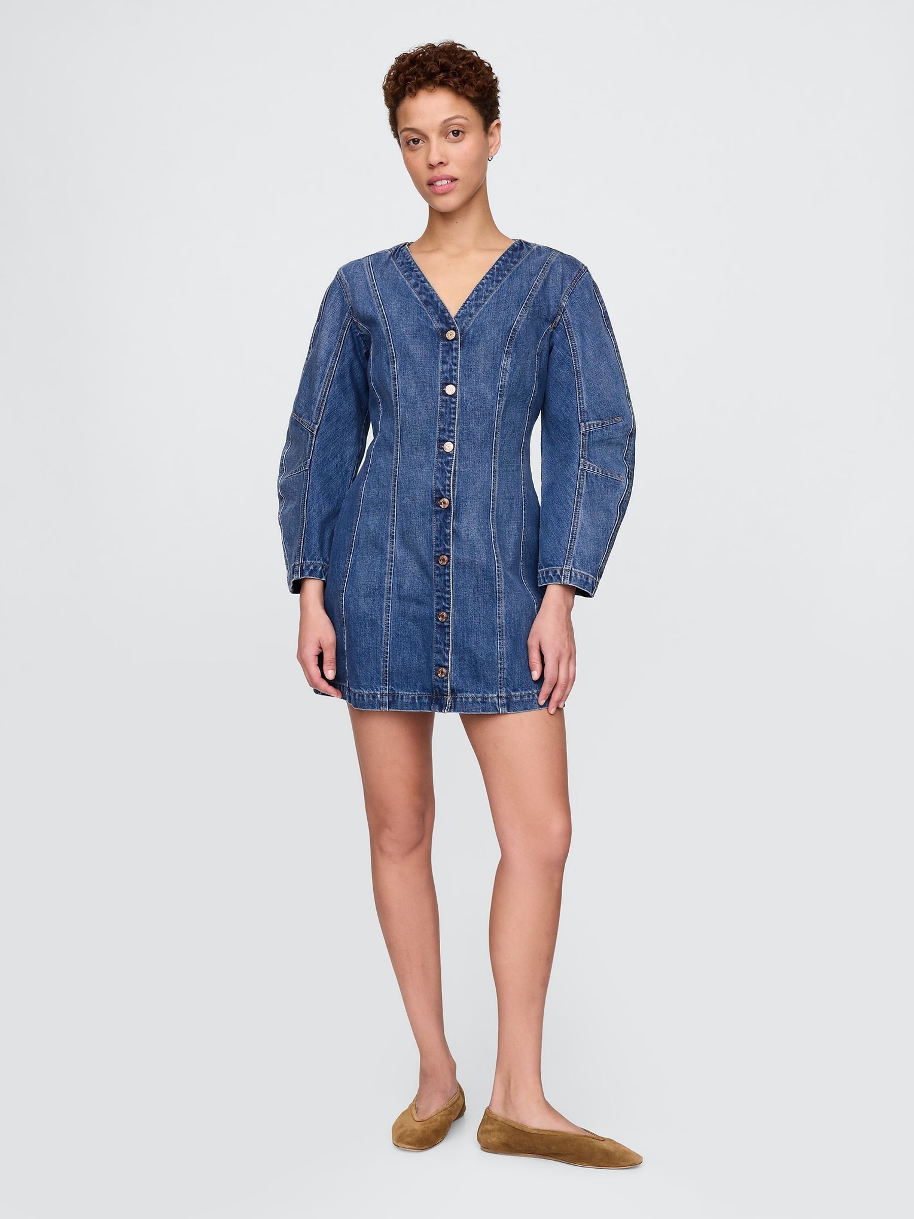 Blue Barrel-Sleeve Denim Mini Shirt Dress - Image 1 of 8
