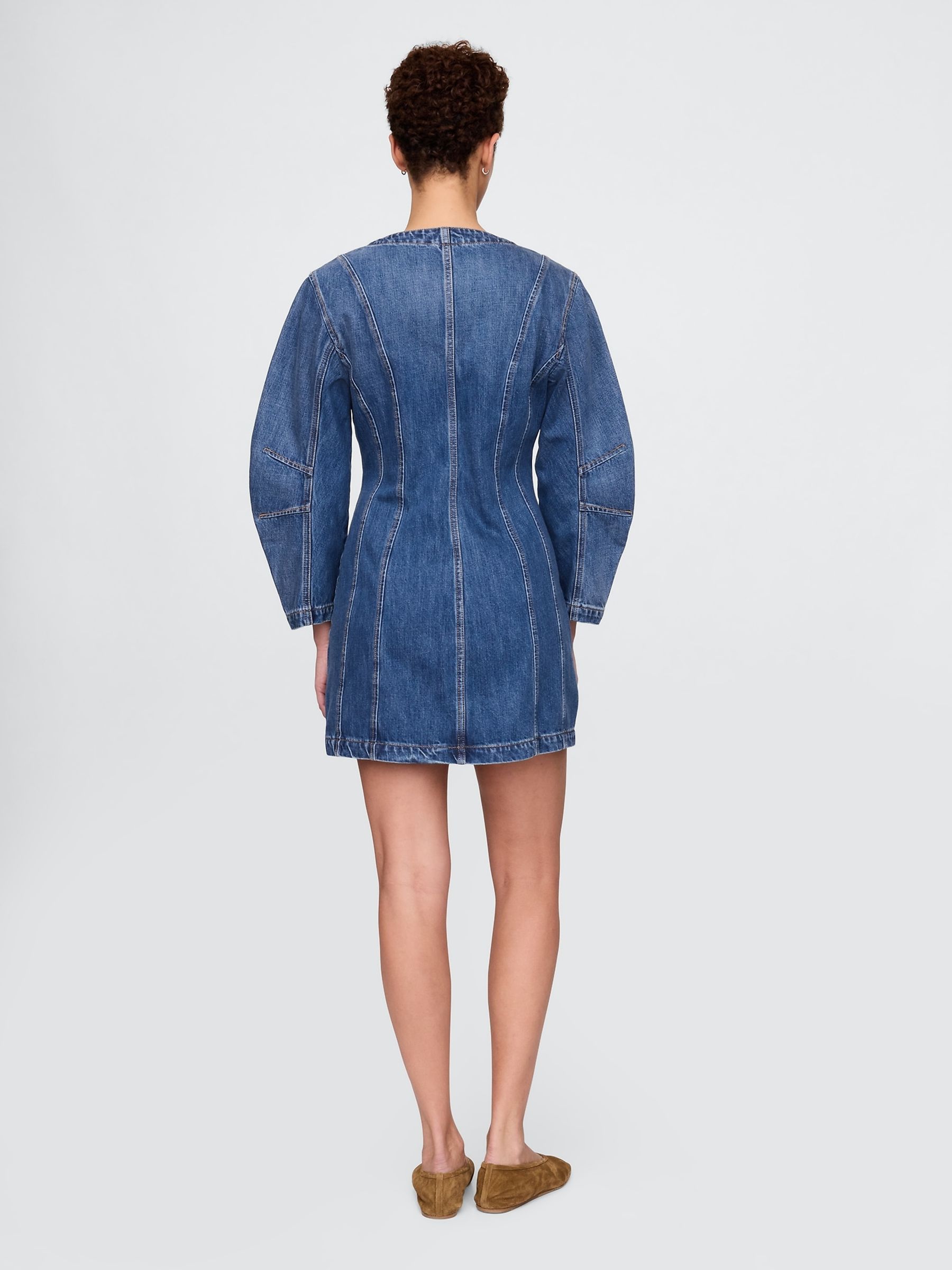 Blue Barrel-Sleeve Denim Mini Shirt Dress - Image 2 of 8