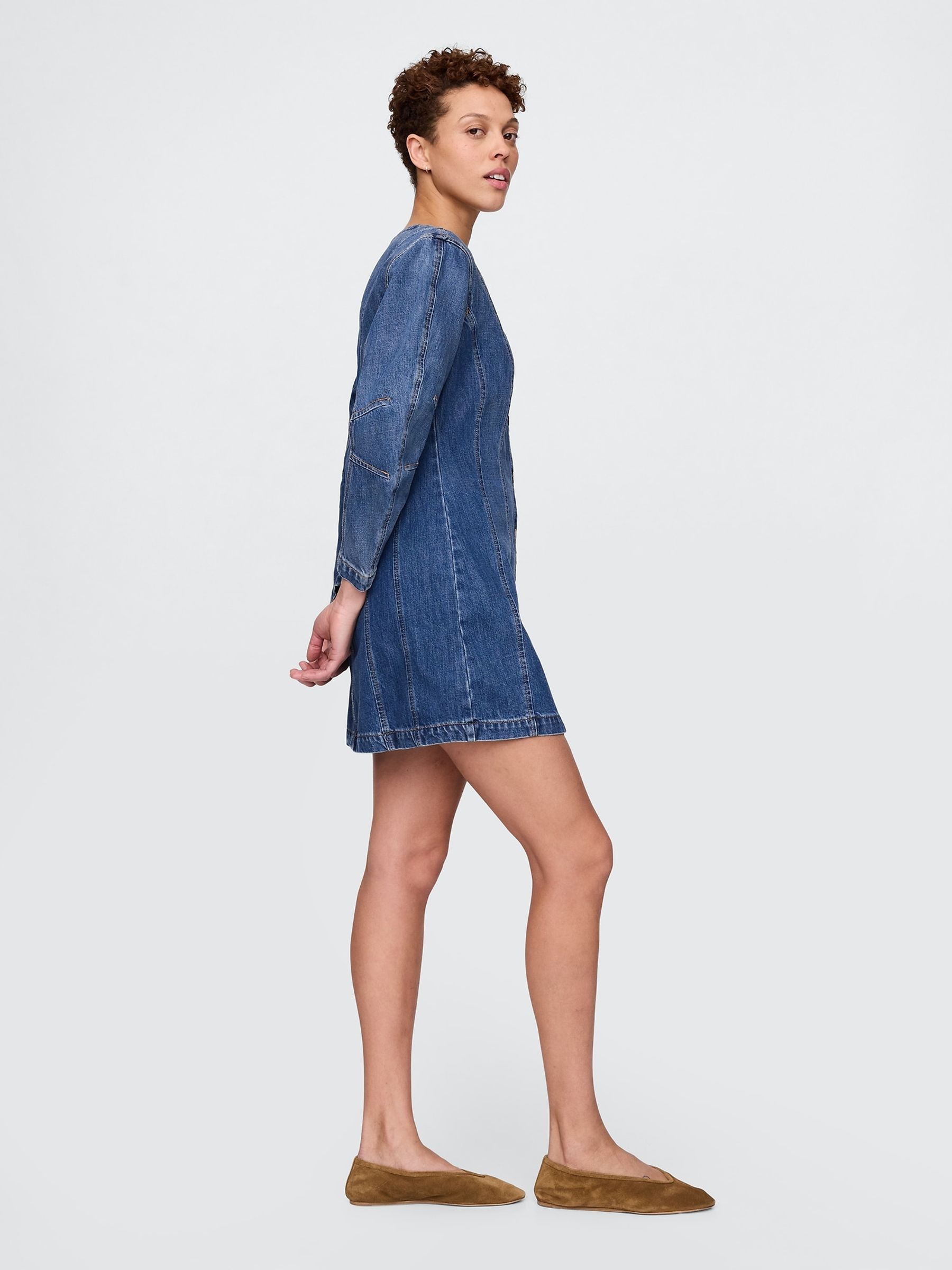 Blue Barrel-Sleeve Denim Mini Shirt Dress - Image 3 of 8