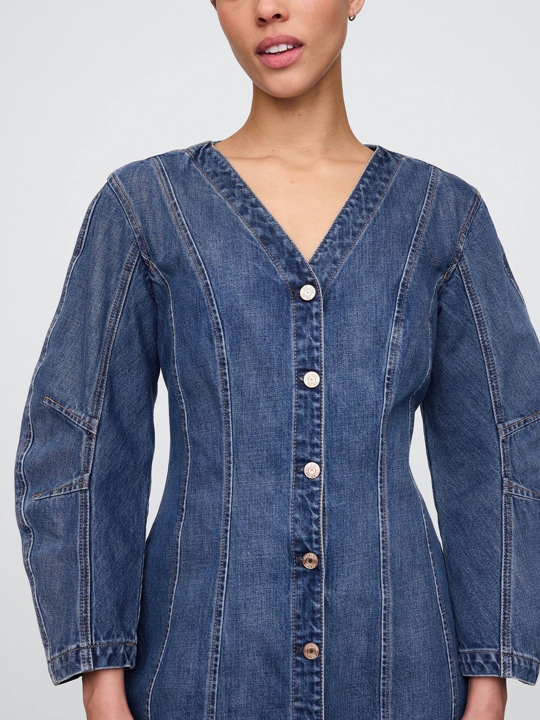 Blue Barrel-Sleeve Denim Mini Shirt Dress - Image 4 of 8