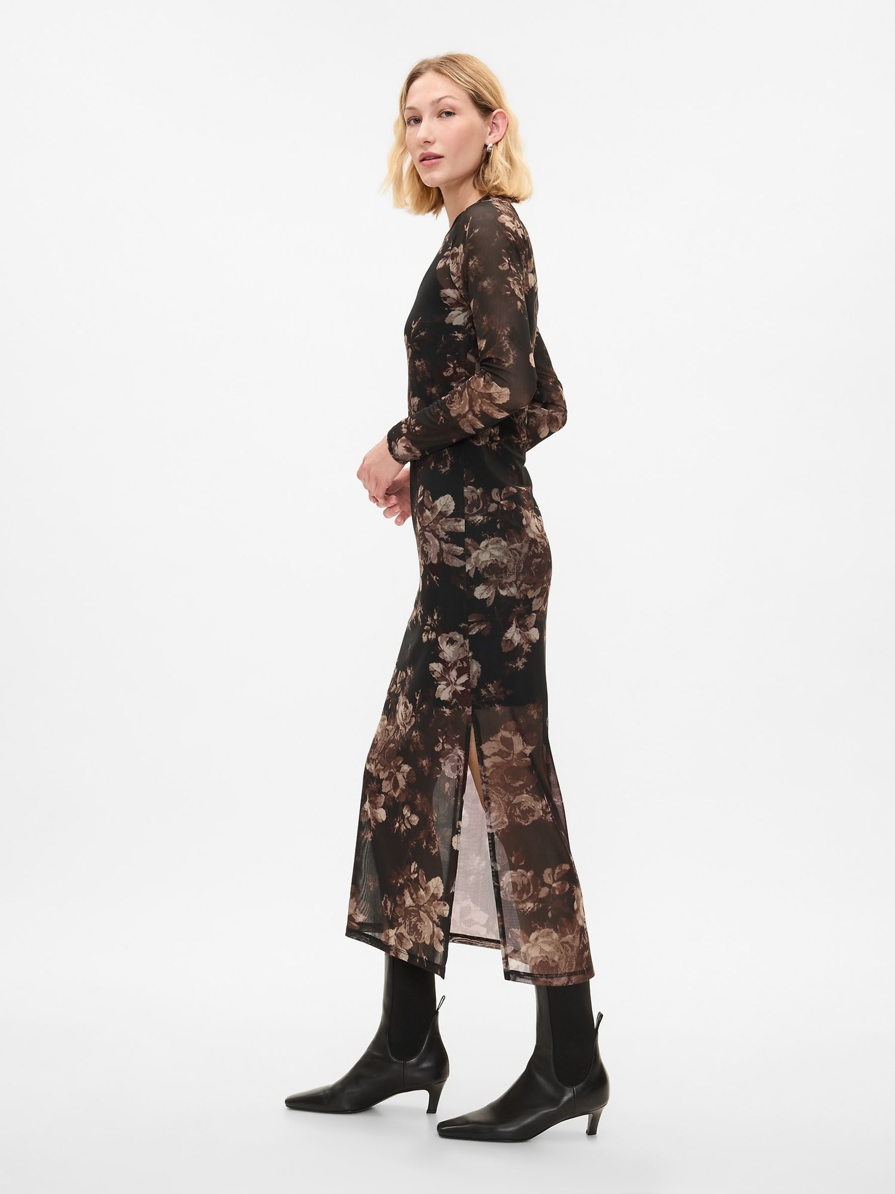 Black Floral Mesh Midi Dress - Image 3 of 7