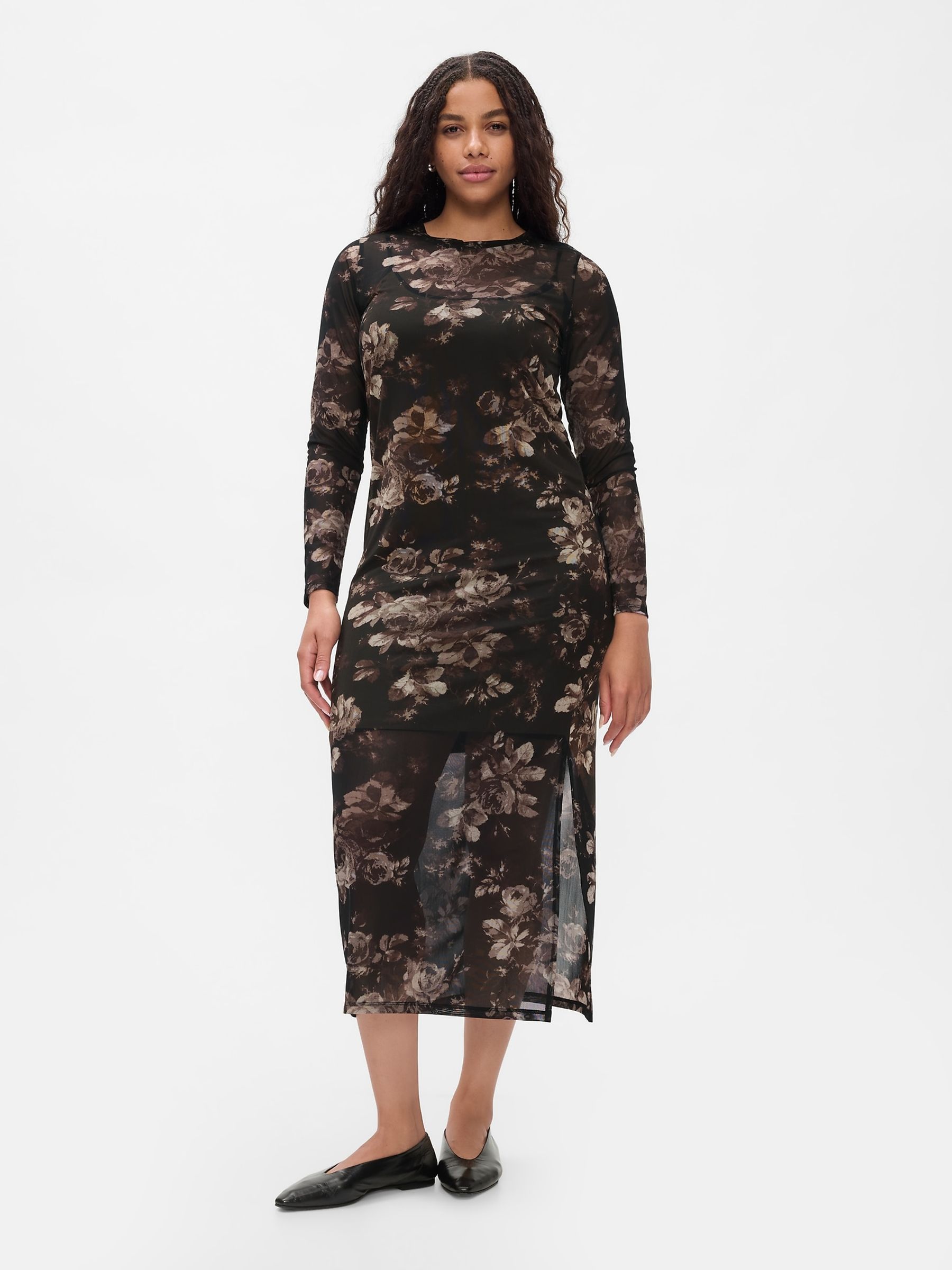 Black Floral Mesh Midi Dress - Image 4 of 7