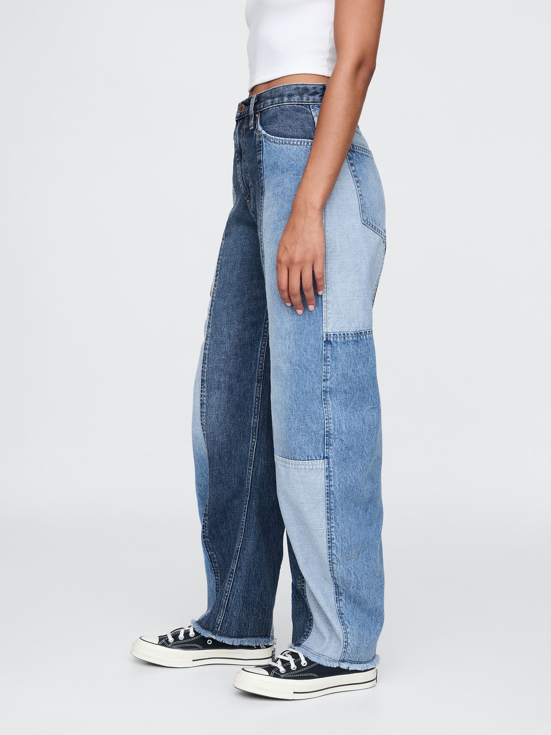 Blue Patchwork High Waisted Barrel Jeans - Image 3 of 9