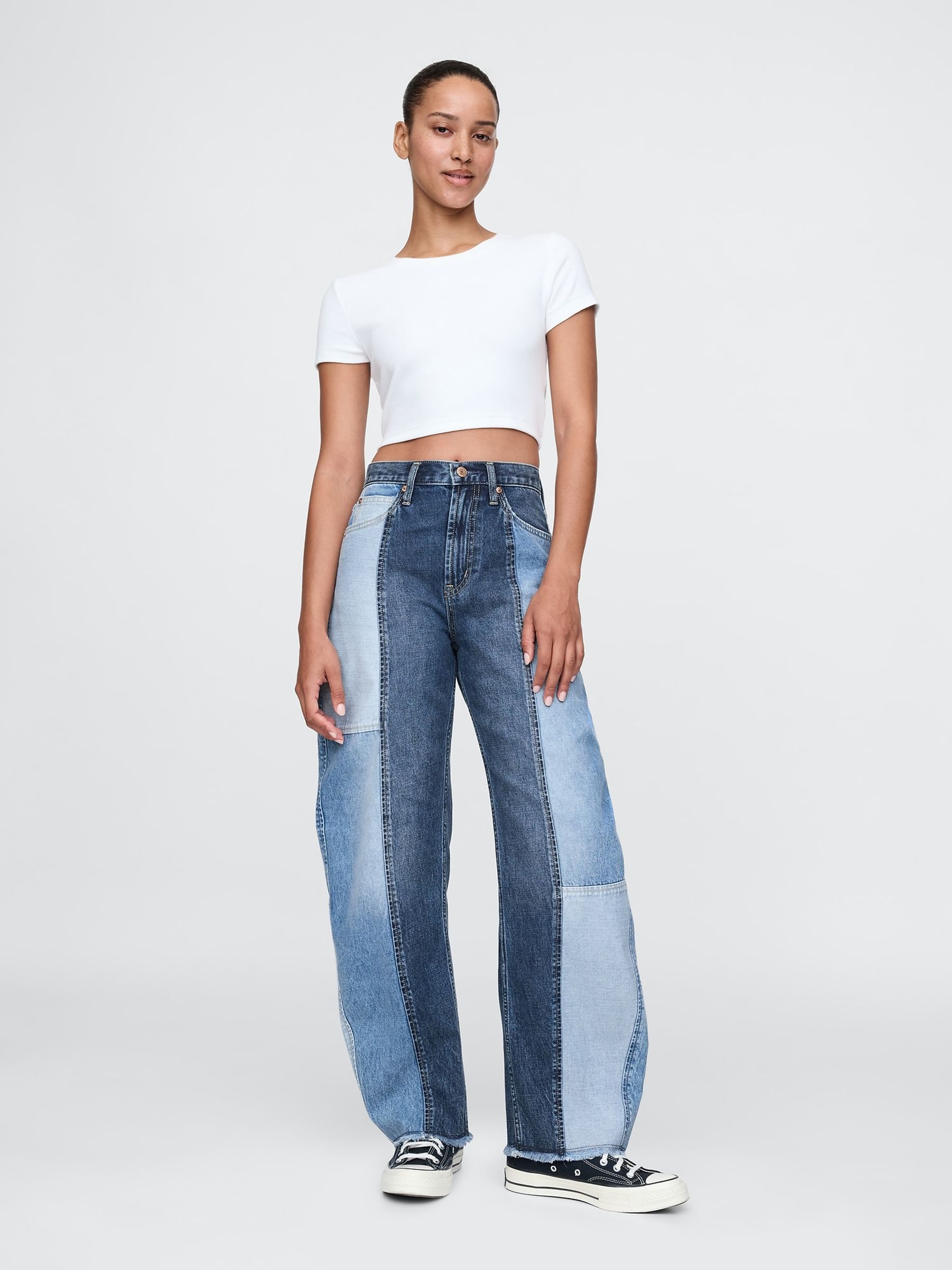 Blue Patchwork High Waisted Barrel Jeans - Image 4 of 9